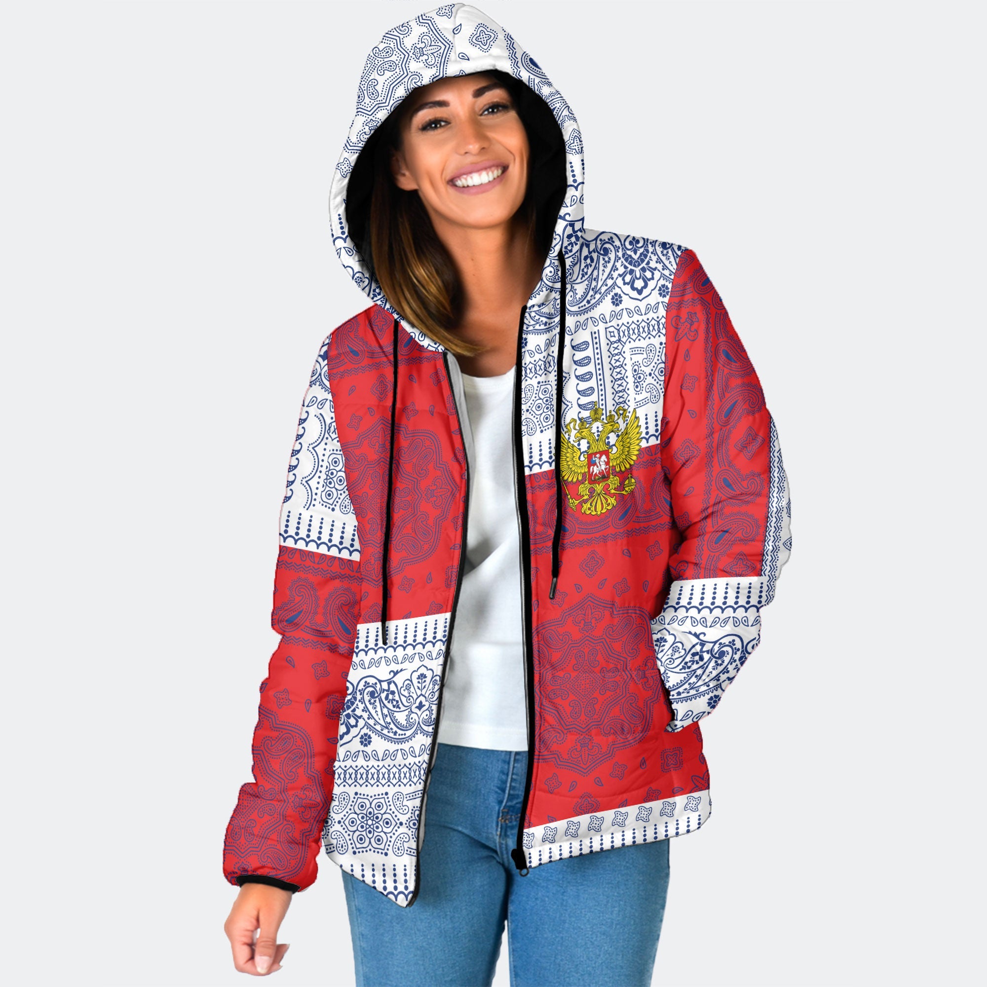 Russia Women Hooded Padded Jacket Flag And Paisley Basic Style 1