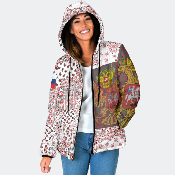 Russia Women Hooded Padded Jacket Paisley Flag And Skull Style 1