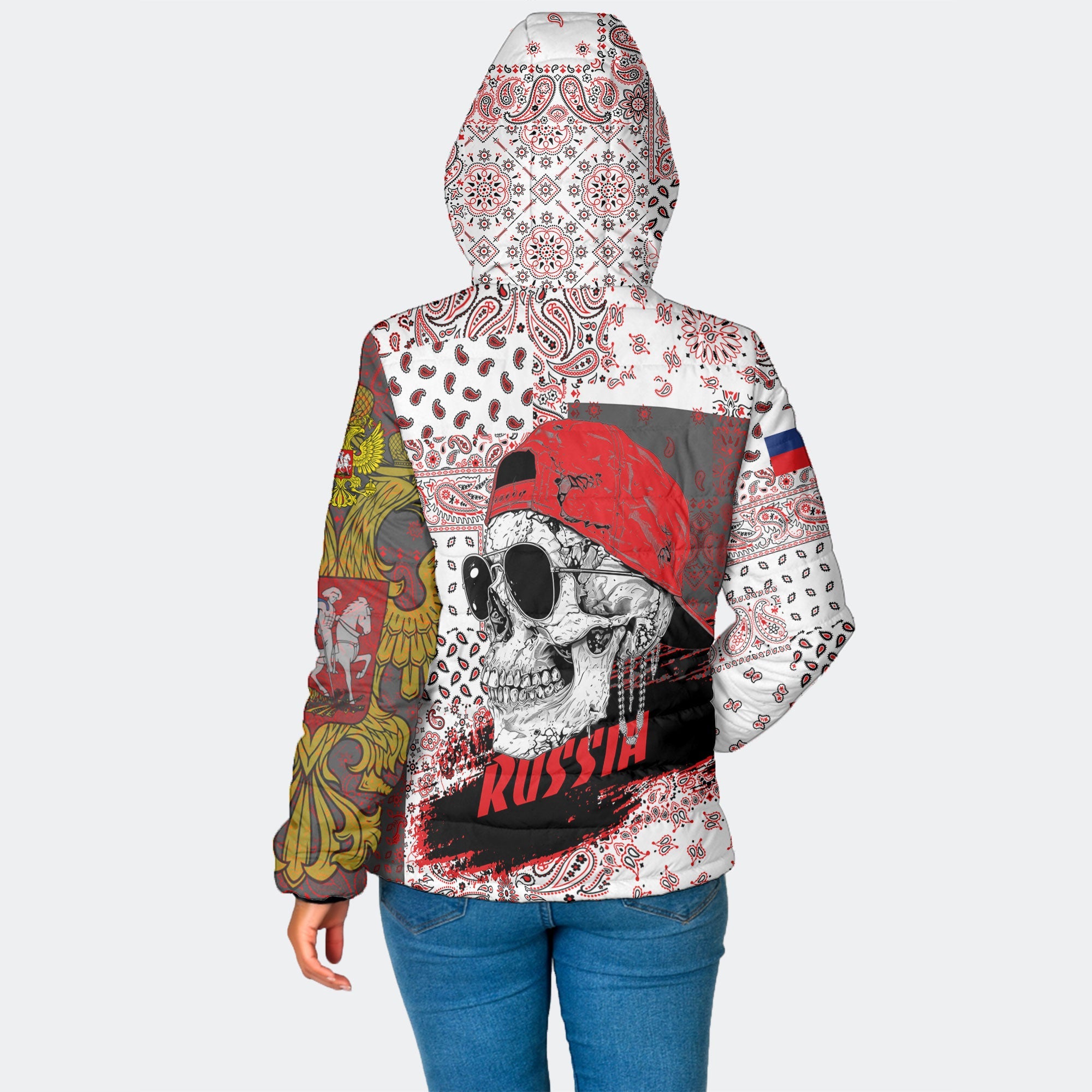 Russia Women Hooded Padded Jacket Paisley Flag And Skull Style 2