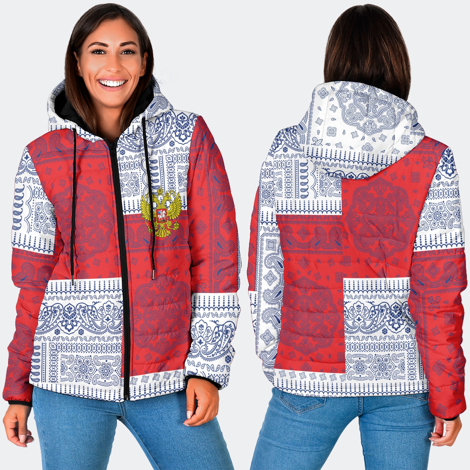 Russia Women Hooded Padded Jacket Flag And Paisley Basic Style 3