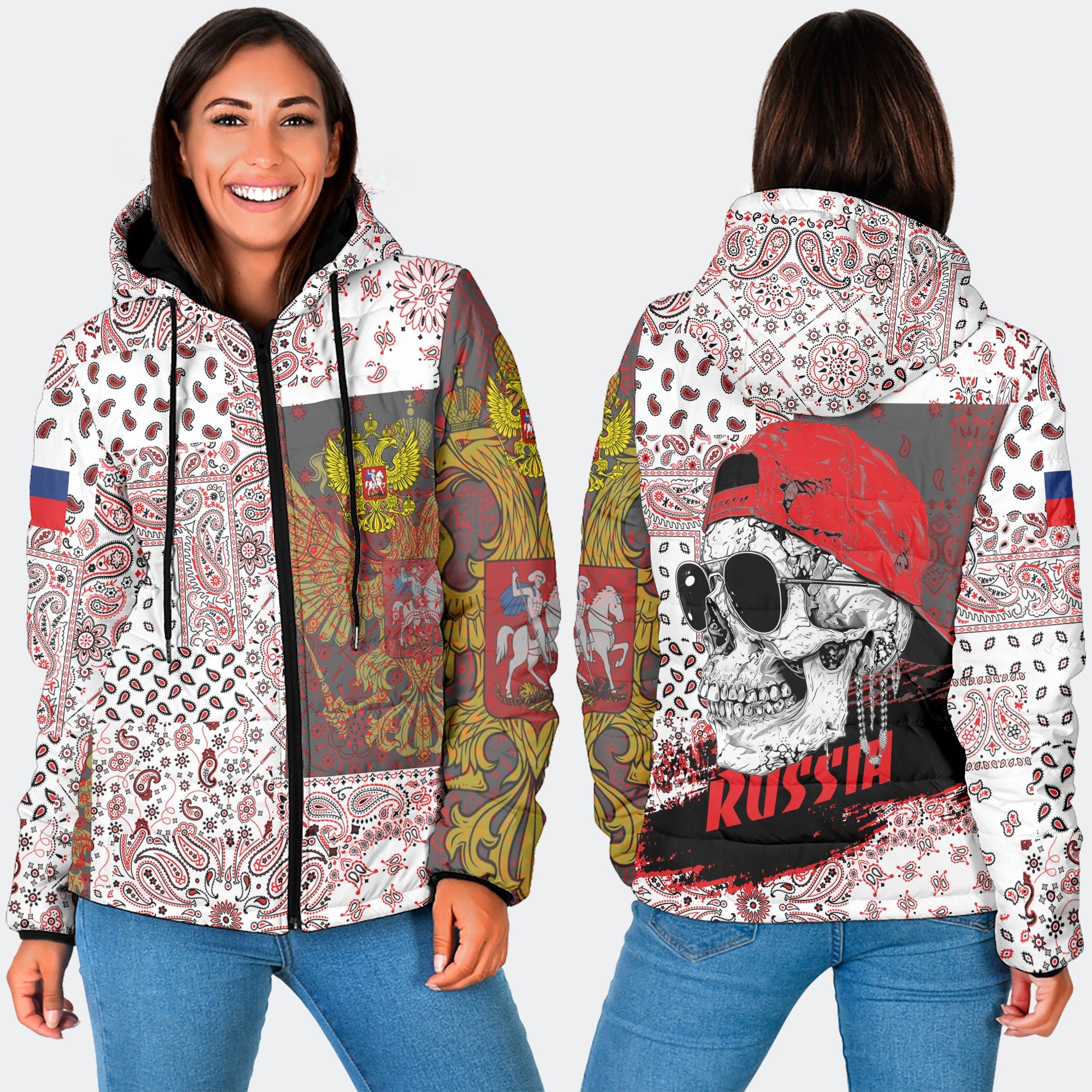 Russia Women Hooded Padded Jacket Paisley Flag And Skull Style 3