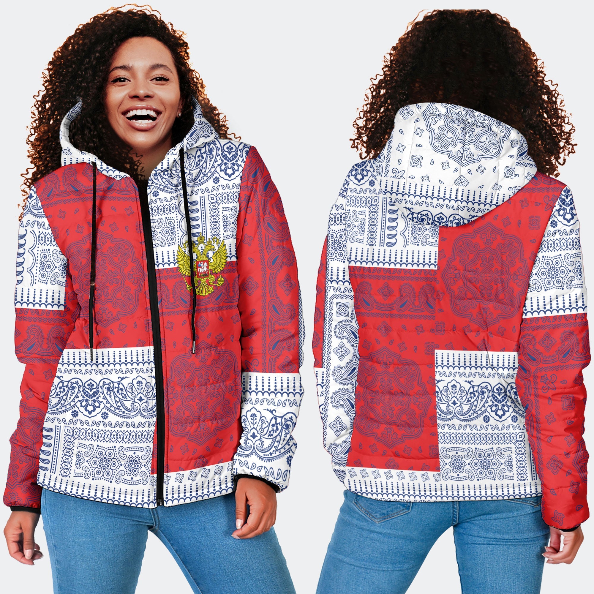 Russia Women Hooded Padded Jacket Flag And Paisley Basic Style 4