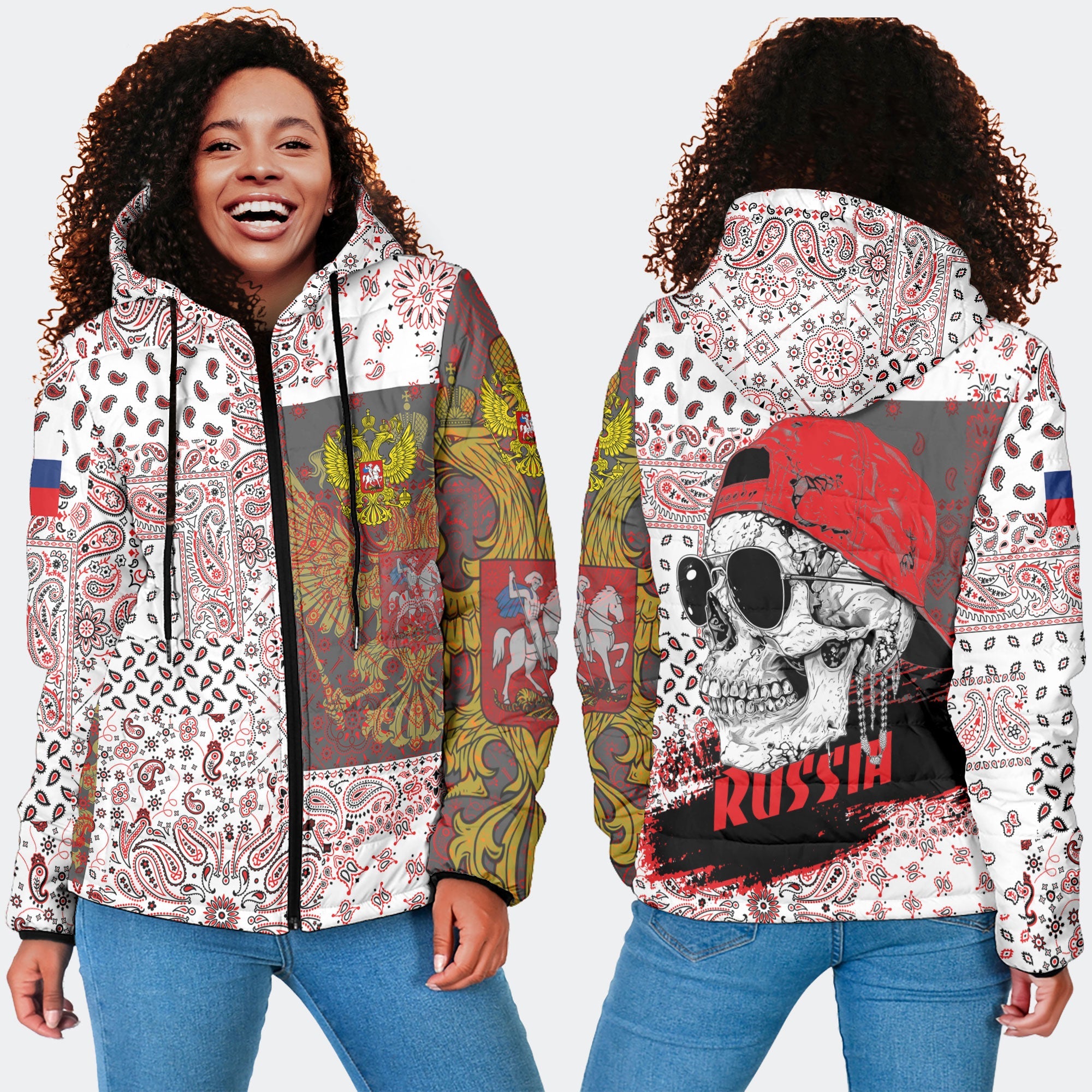 Russia Women Hooded Padded Jacket Paisley Flag And Skull Style 4