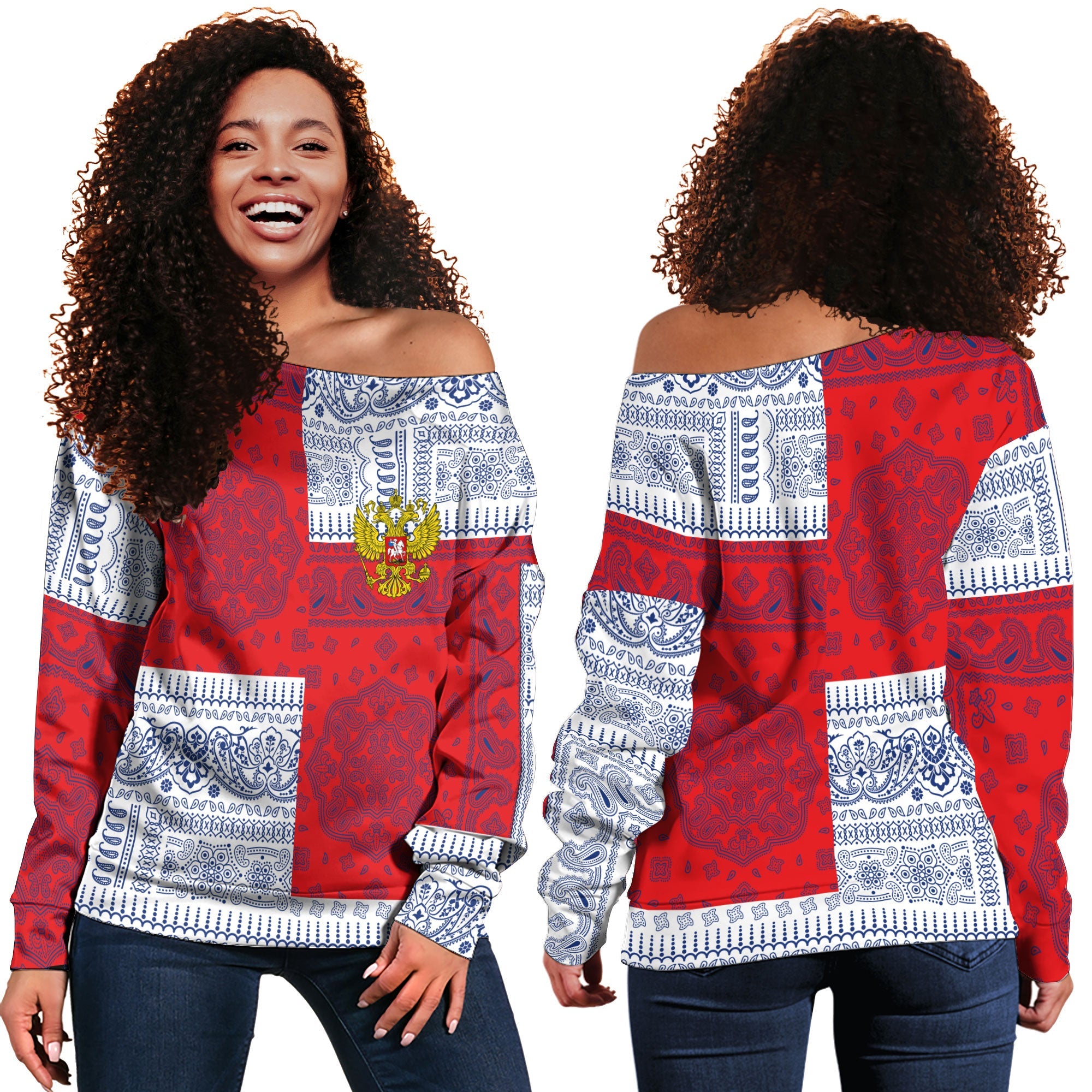 Russia Women Off Shoulder Sweatshirt Flag And Paisley Basic Style 1