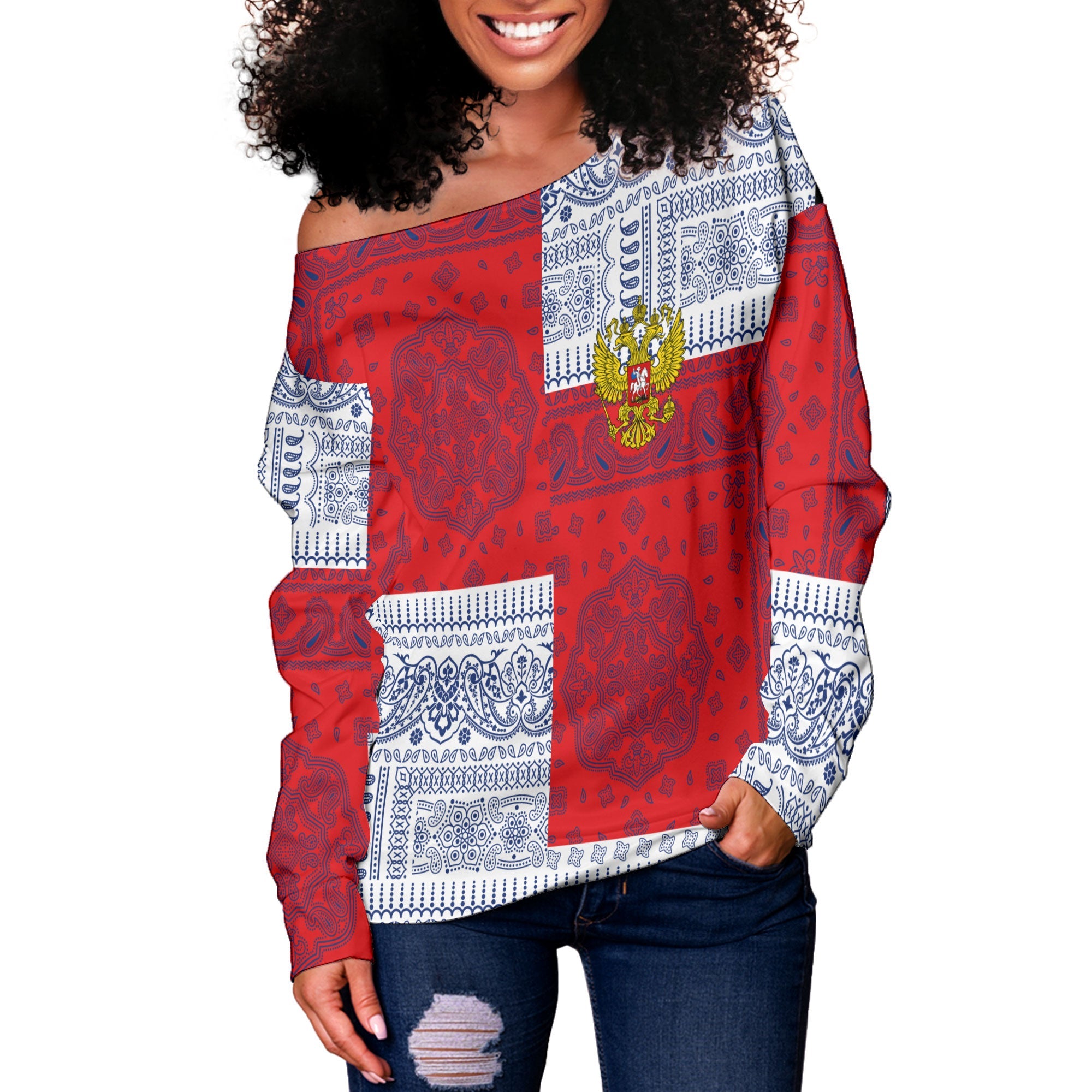 Russia Women Off Shoulder Sweatshirt Flag And Paisley Basic Style 2