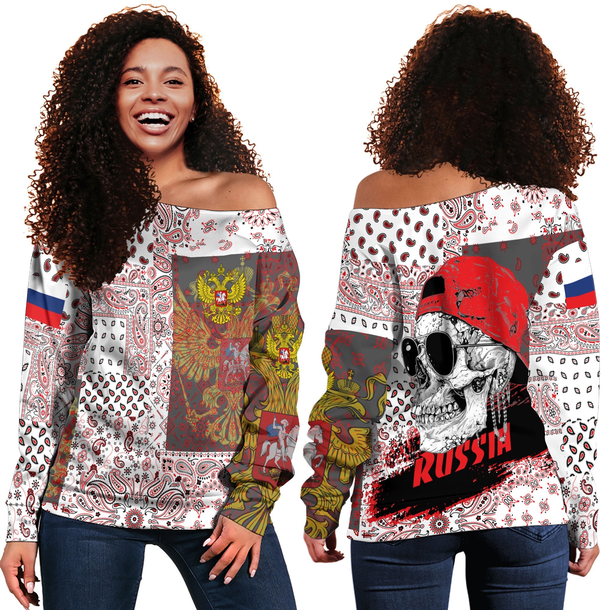 Russia Women Off Shoulder Sweatshirt Paisley Flag And Skull Style 1