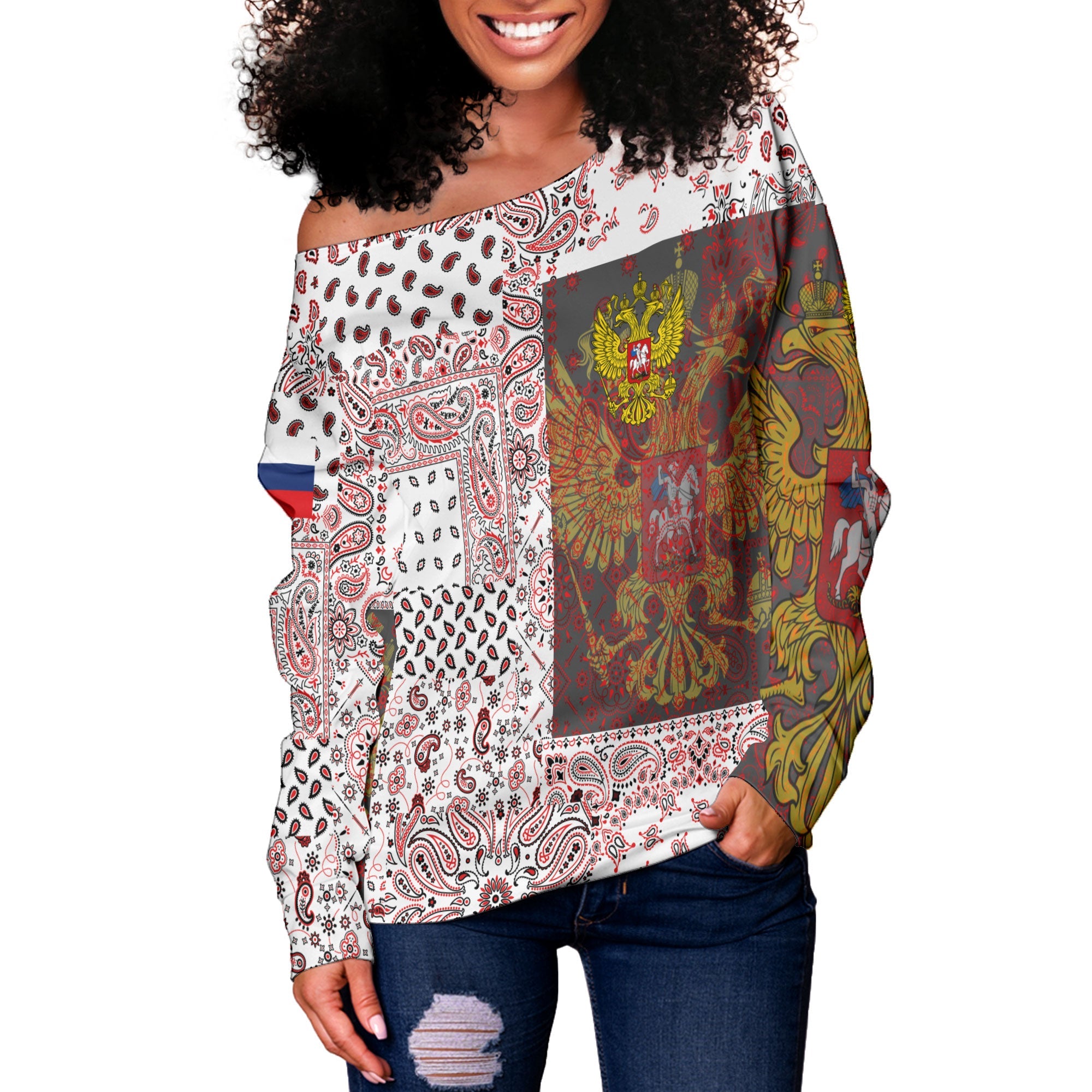 Russia Women Off Shoulder Sweatshirt Paisley Flag And Skull Style 2