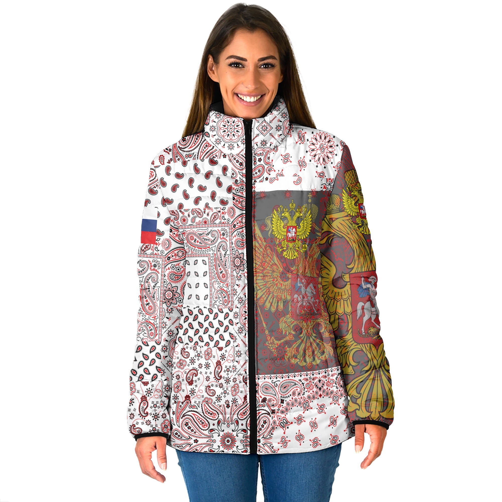 Russia Women Padded Jacket Paisley Flag And Skull Style 1