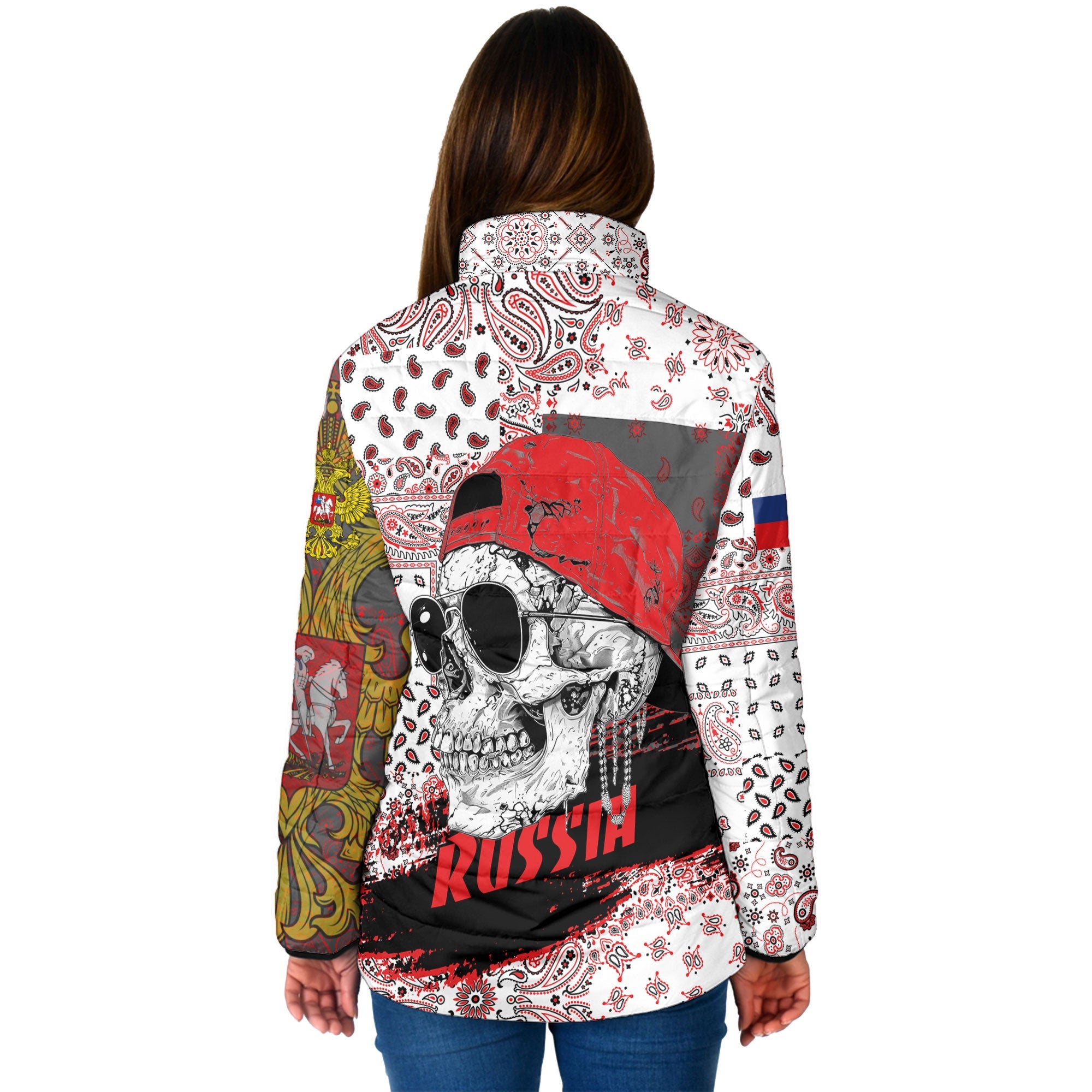 Russia Women Padded Jacket Paisley Flag And Skull Style 2