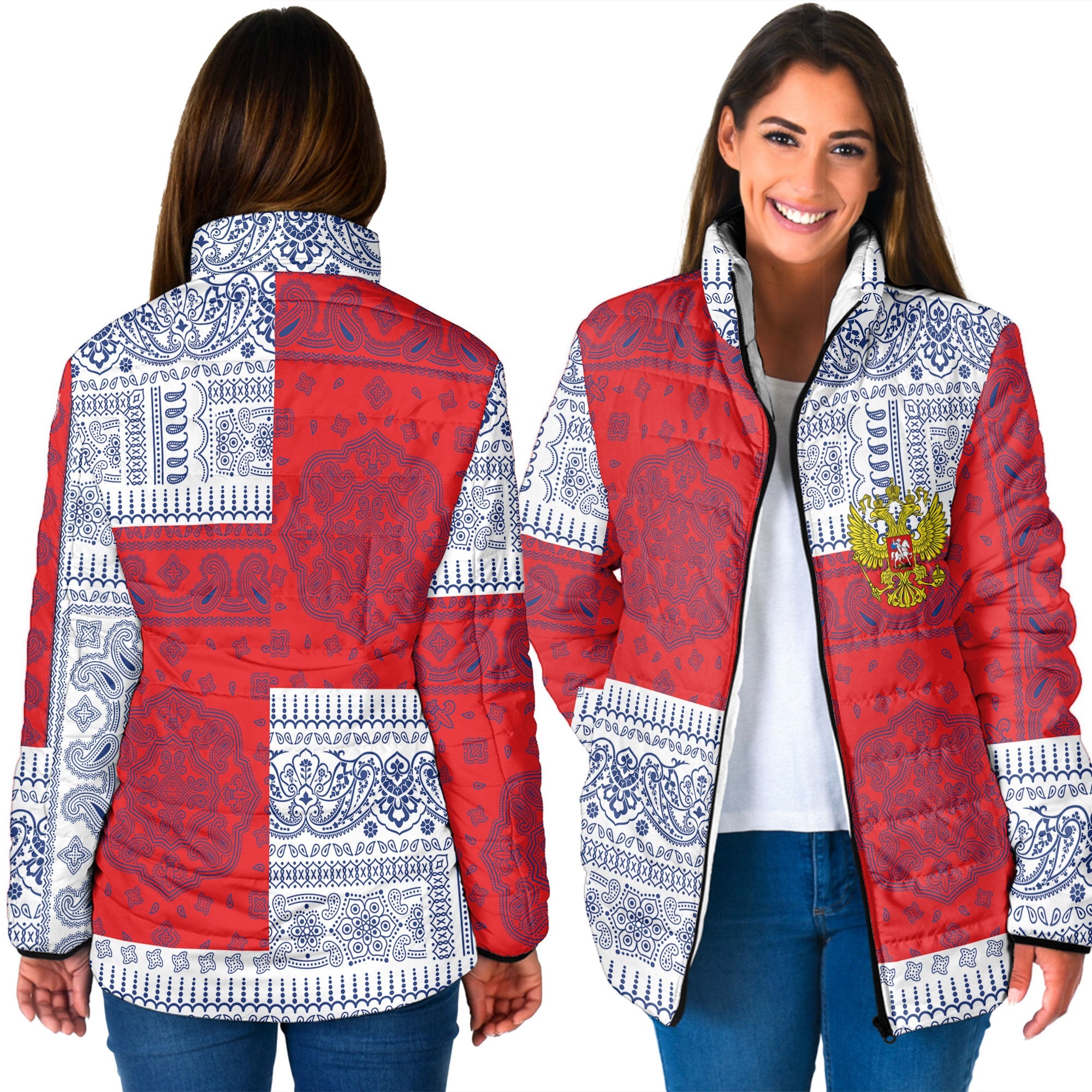 Russia Women Padded Jacket Flag And Paisley Basic Style 3