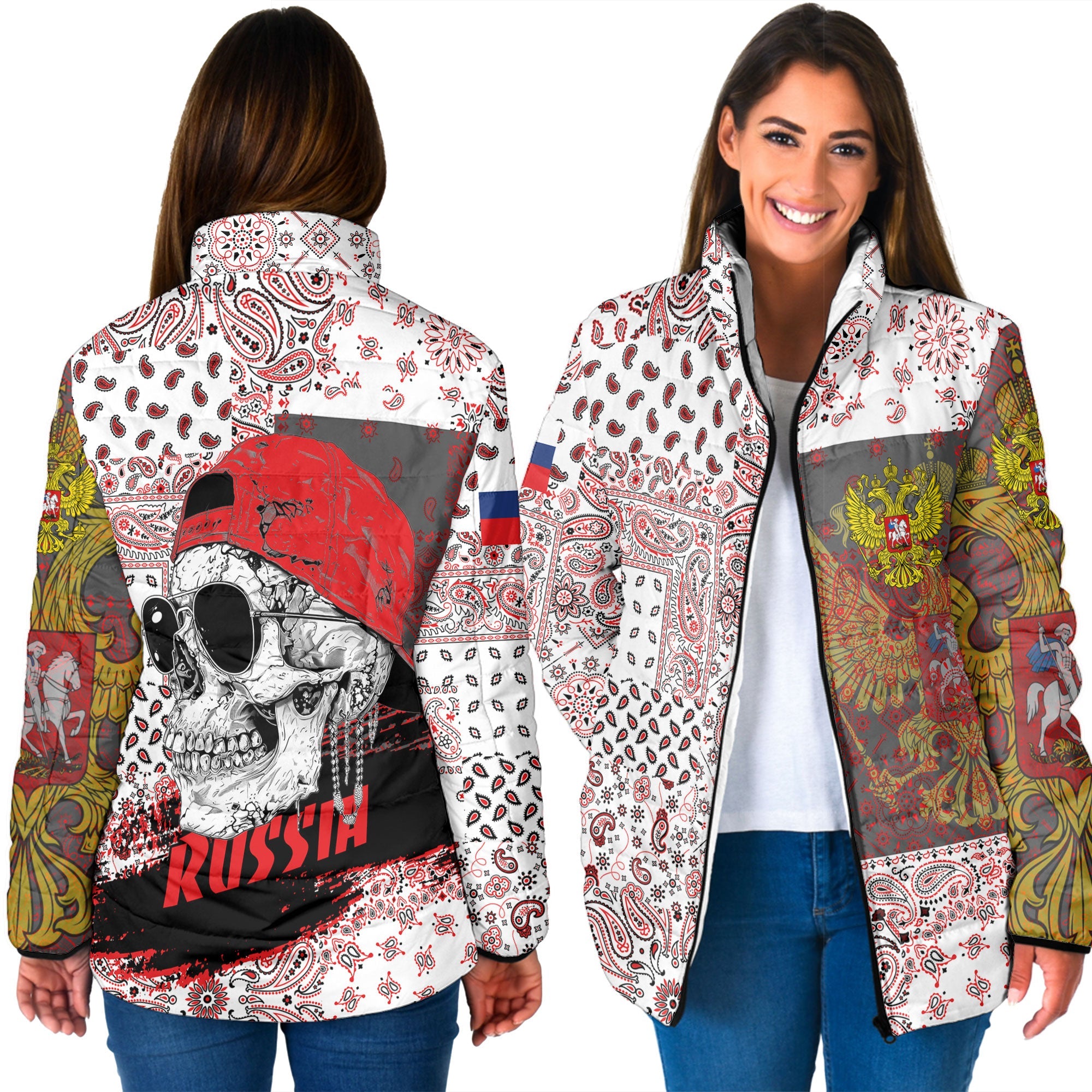 Russia Women Padded Jacket Paisley Flag And Skull Style 3