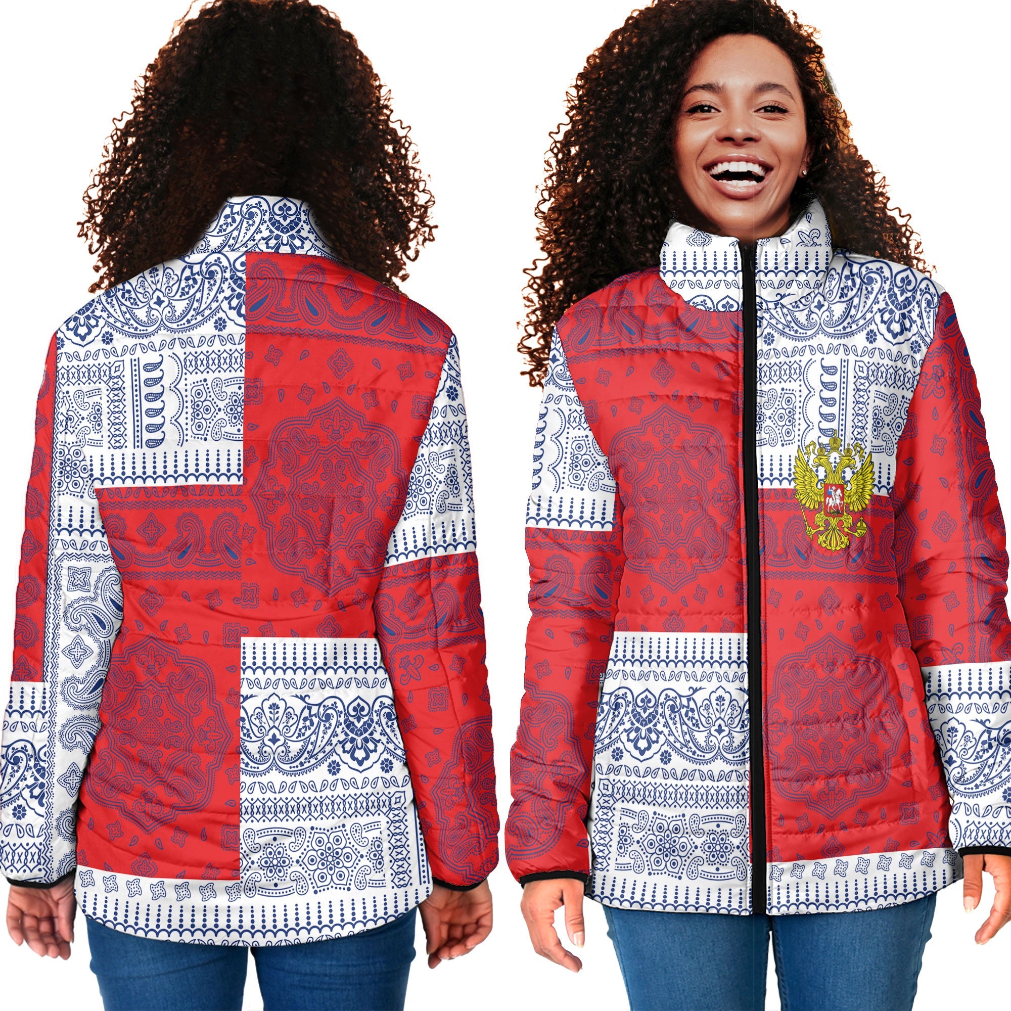 Russia Women Padded Jacket Flag And Paisley Basic Style 4