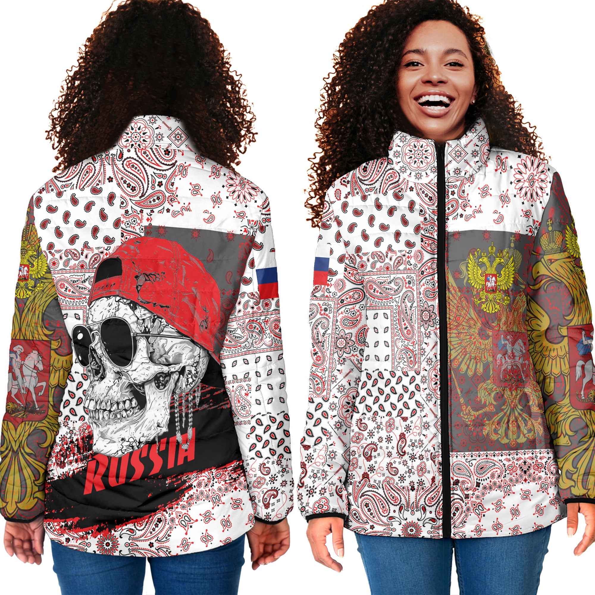 Russia Women Padded Jacket Paisley Flag And Skull Style 4