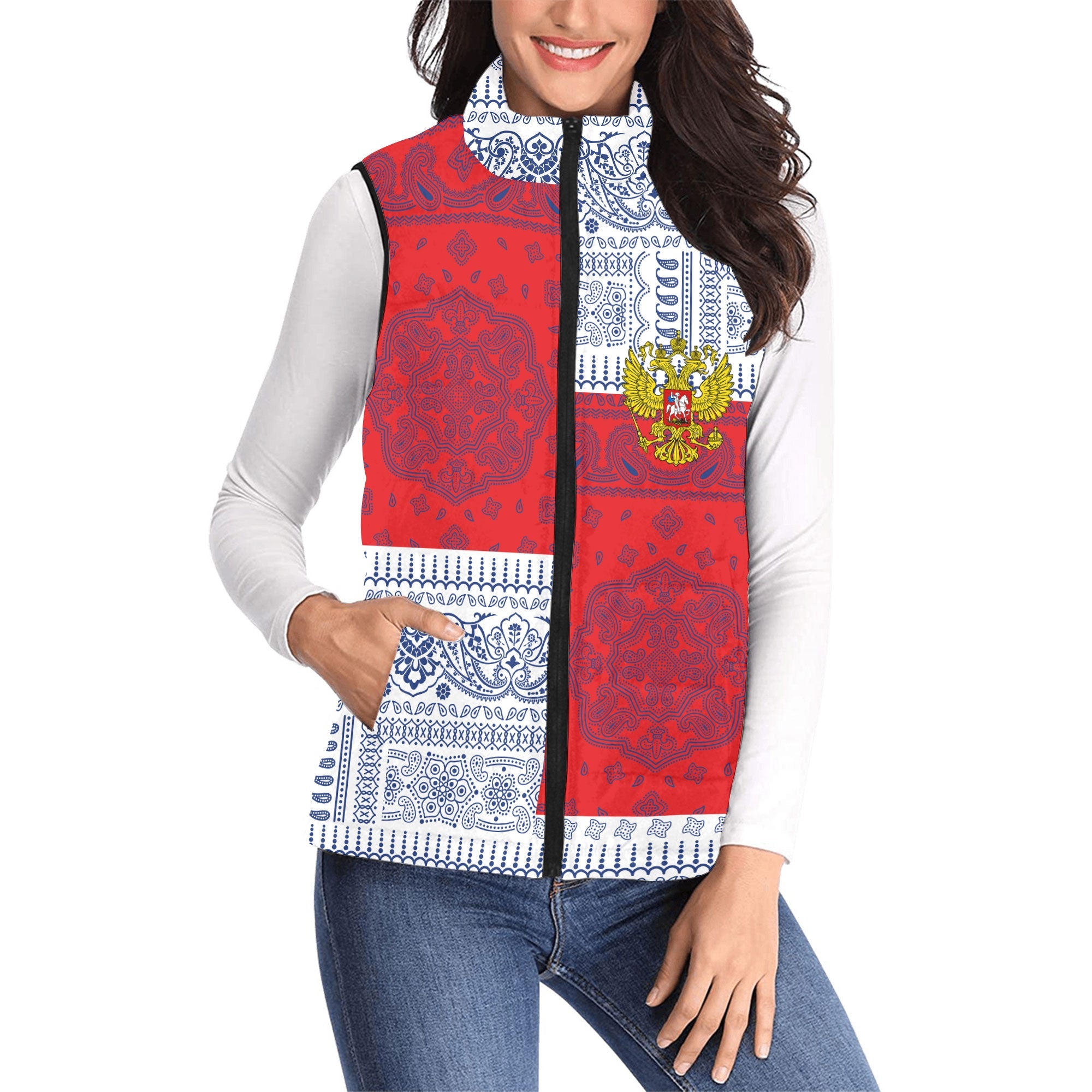 Russia Women Padded Jacket Vest Flag And Paisley Basic Style 1