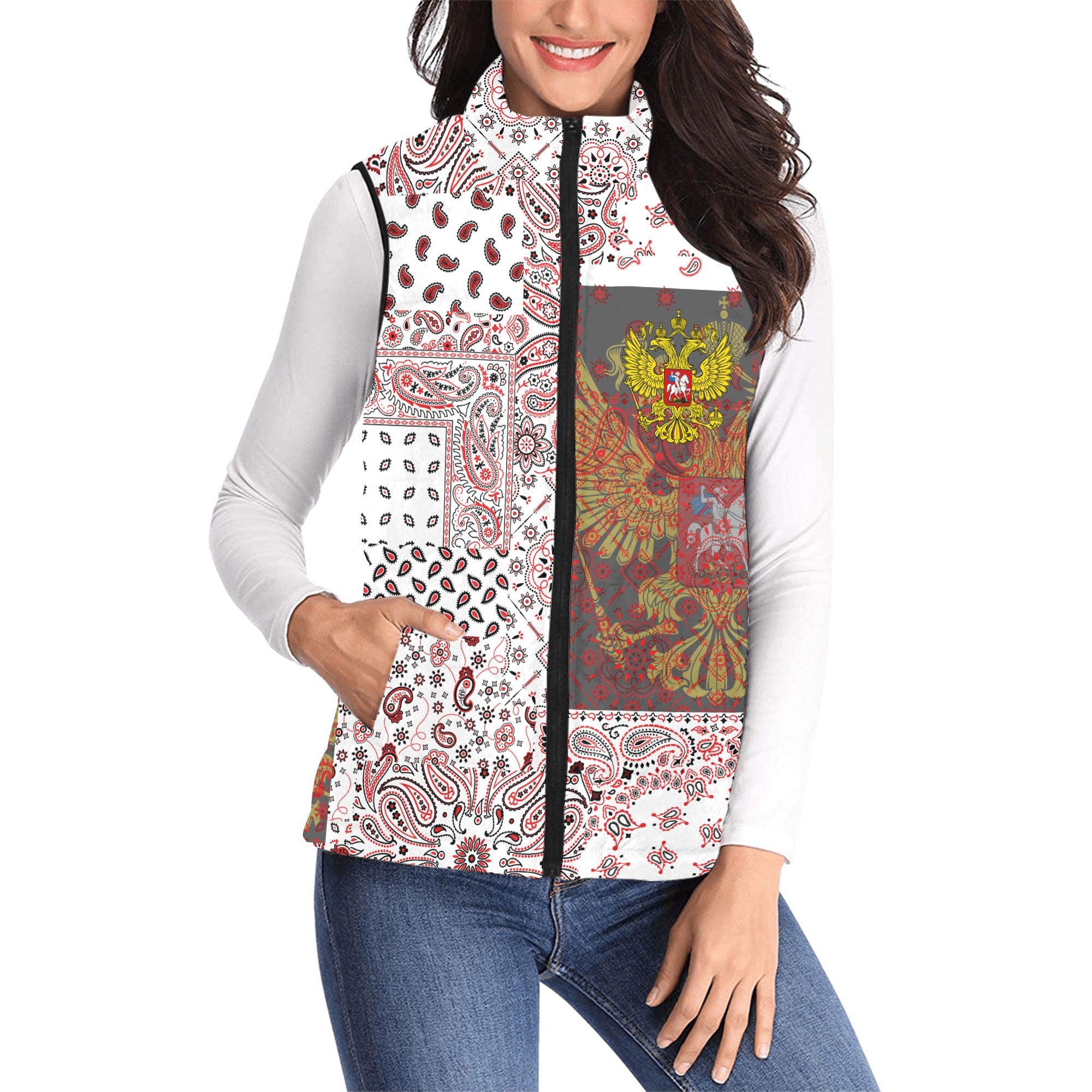 Russia Women Padded Jacket Vest Paisley Flag And Skull Style 1