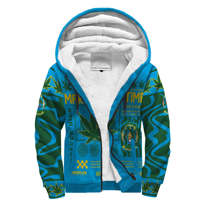 Rwanda Sherpa Hoodie Flag & Coat Of Arms Marijuanas Style
