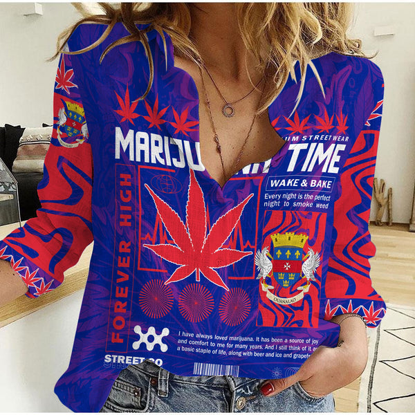 Saint Barthelemy Women Casual Shirt Flag & Coat Of Arms Marijuanas Style