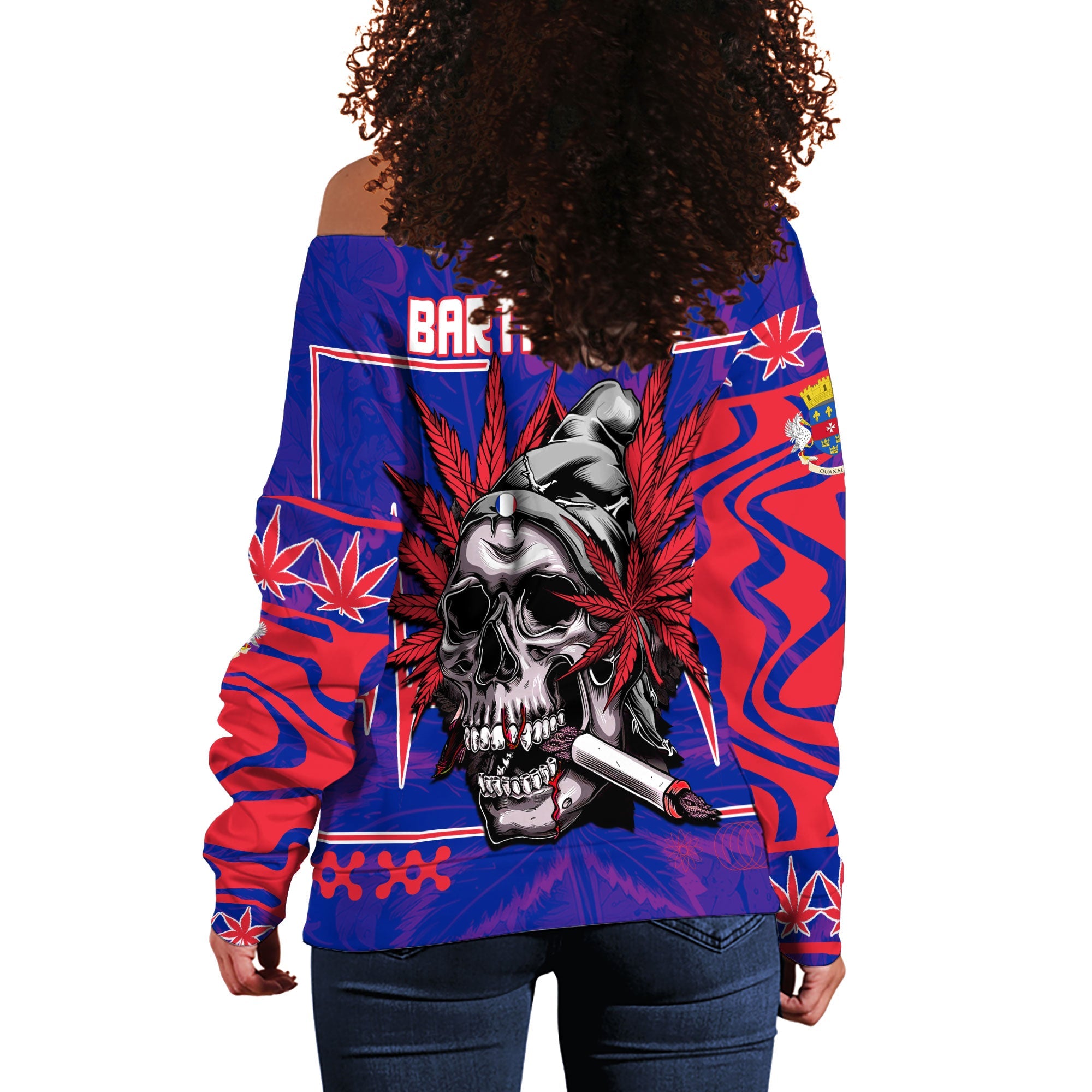 Saint Barthelemy Women Off Shoulder Sweatshirt Flag & Coat Of Arms Marijuanas Style