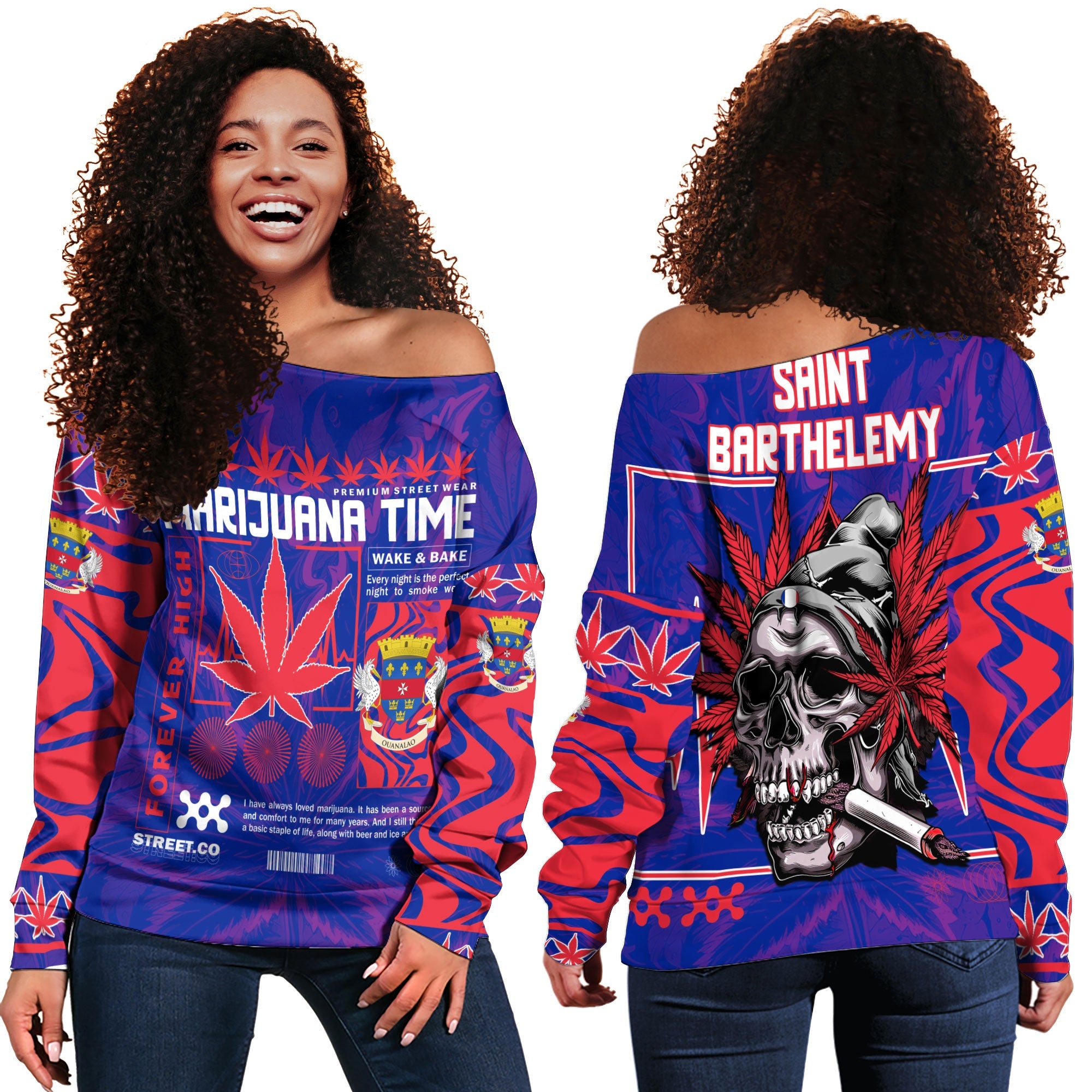 Saint Barthelemy Women Off Shoulder Sweatshirt Flag & Coat Of Arms Marijuanas Style