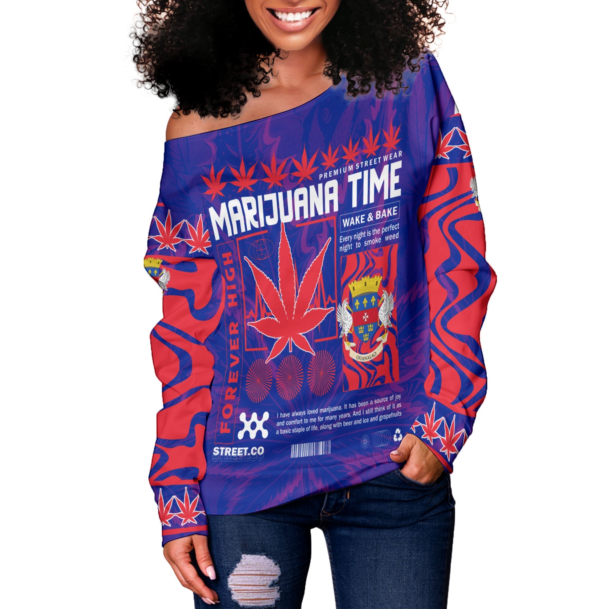 Saint Barthelemy Women Off Shoulder Sweatshirt Flag & Coat Of Arms Marijuanas Style