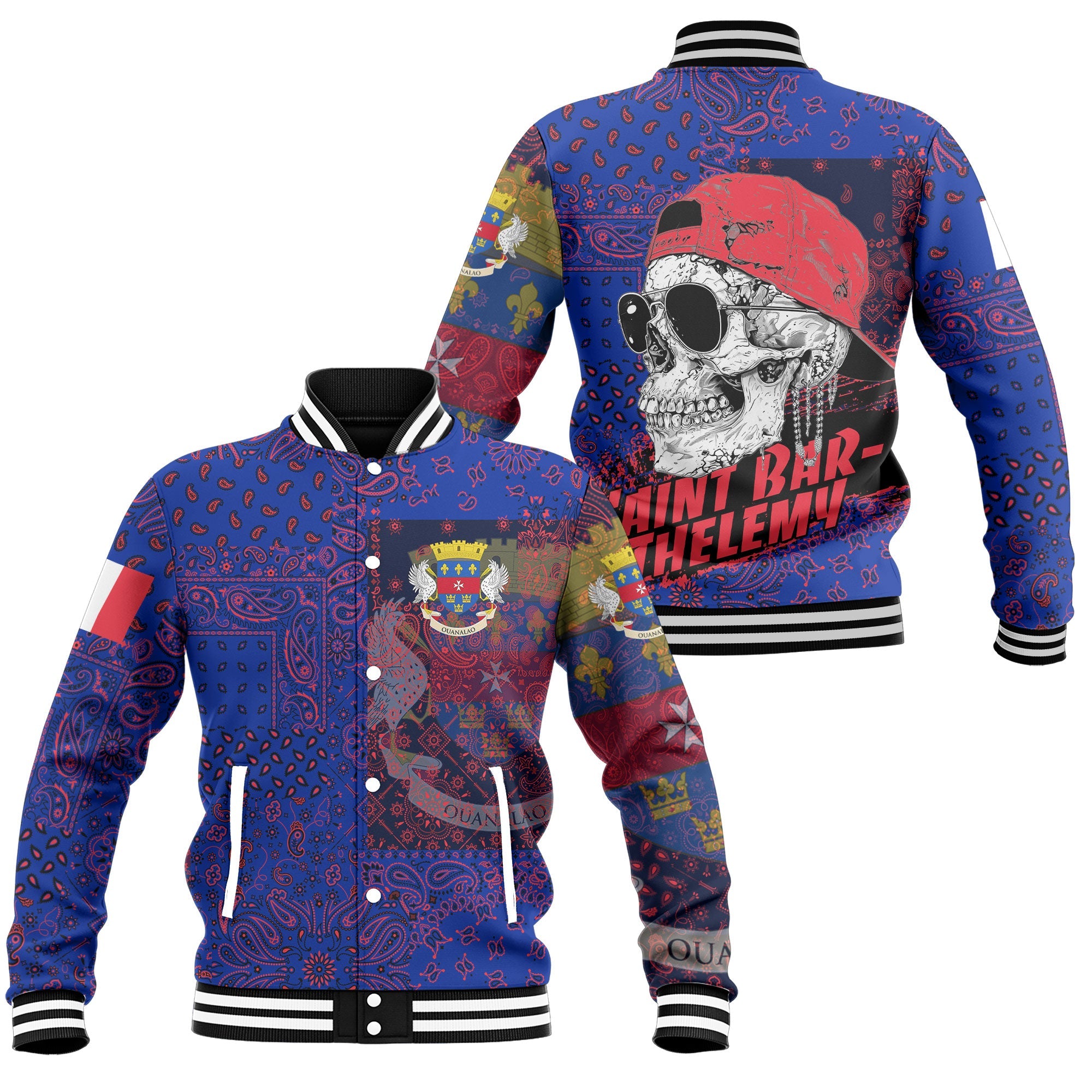 Saint Barthelemy Baseball Jacket Paisley Flag And Skull Style 1