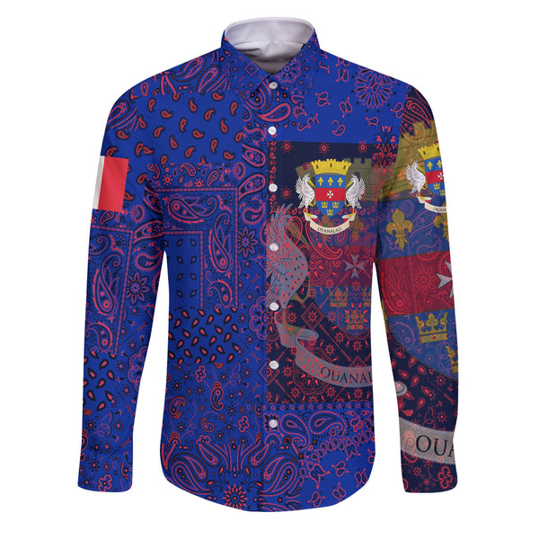 Saint Barthelemy Long Sleeve Button Shirt Paisley Flag And Skull Style 1