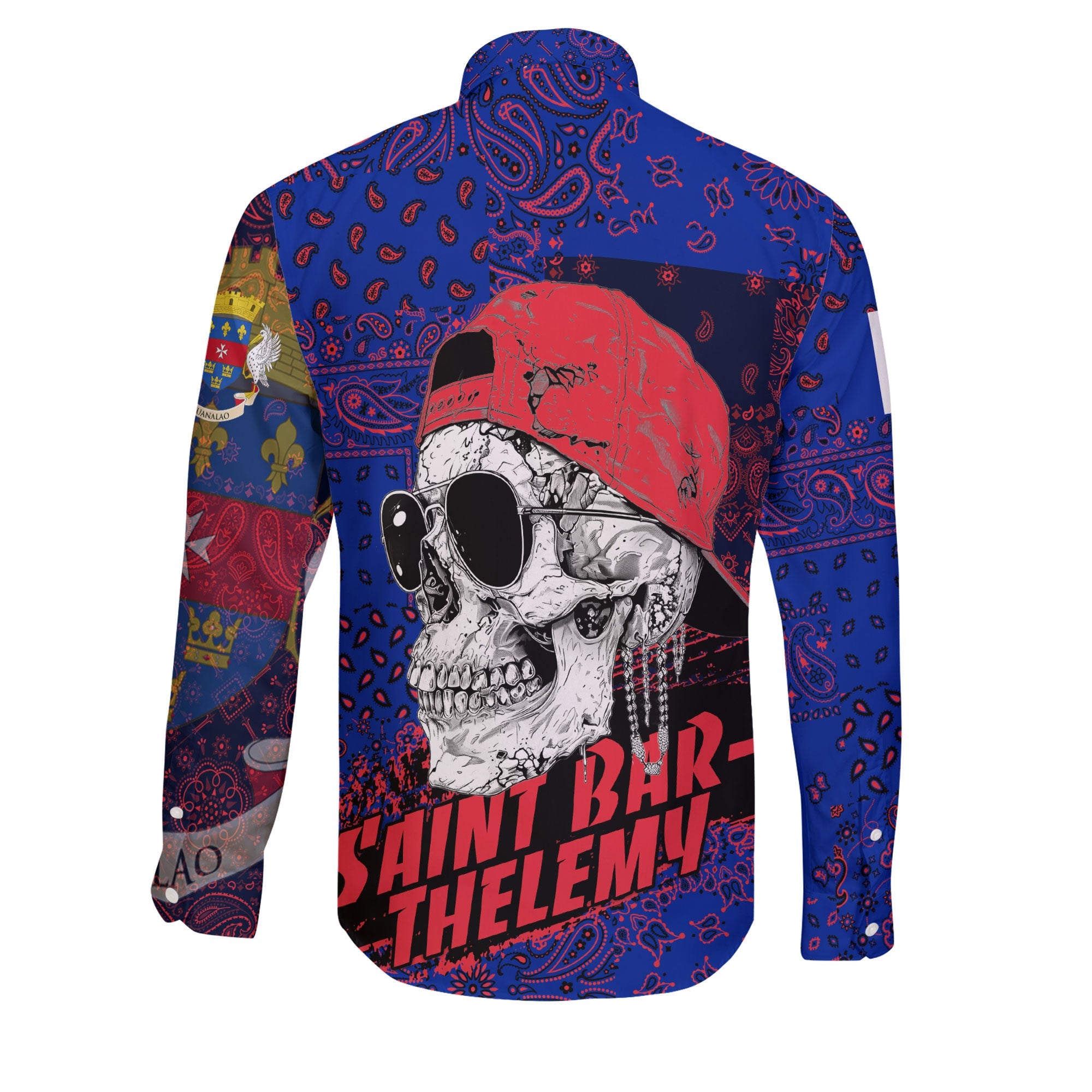 Saint Barthelemy Long Sleeve Button Shirt Paisley Flag And Skull Style 2