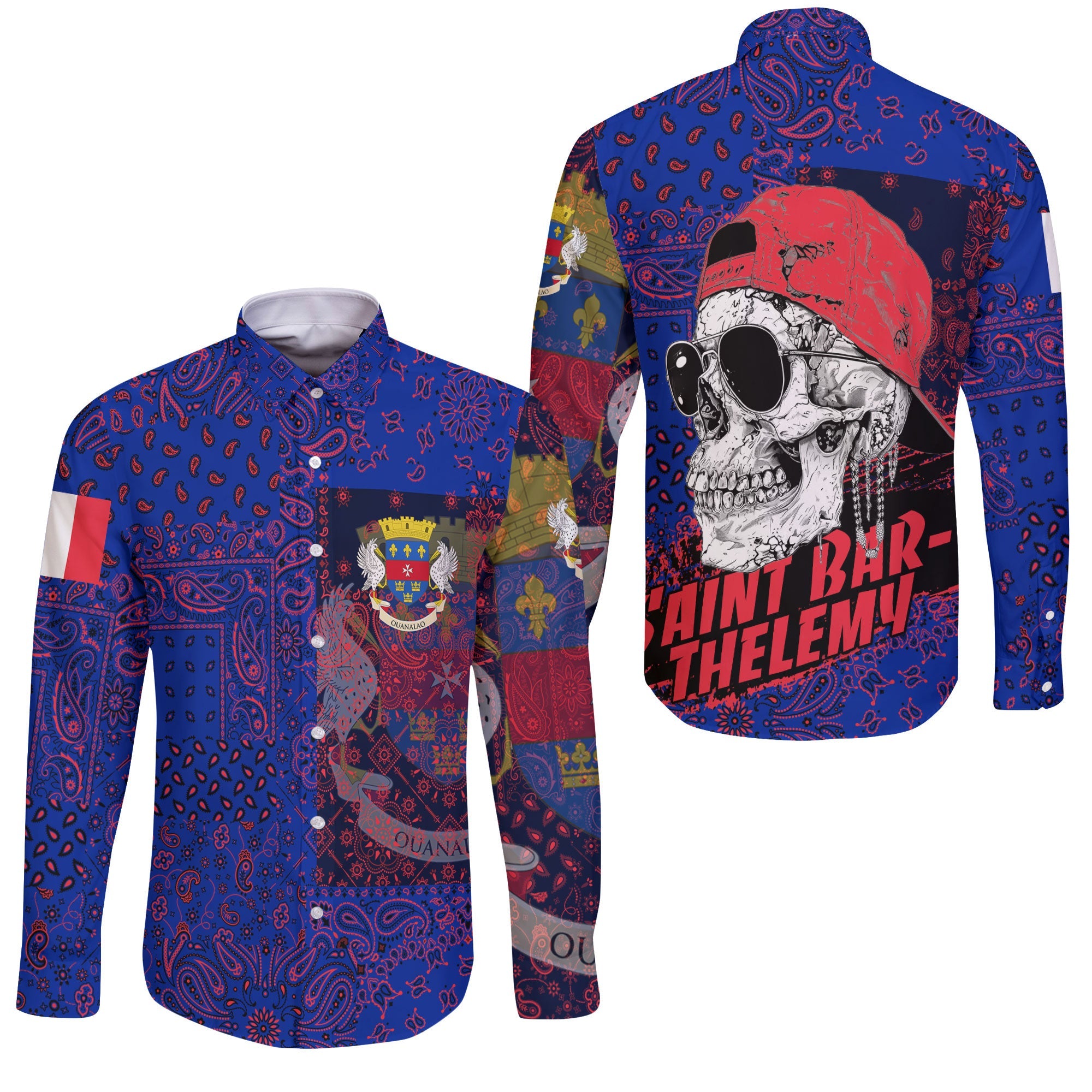 Saint Barthelemy Long Sleeve Button Shirt Paisley Flag And Skull Style 3