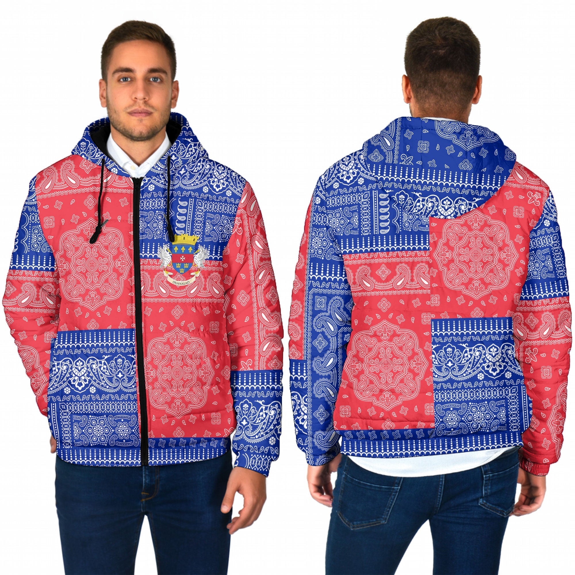 Saint Barthelemy Men Hooded Padded Jacket Flag And Paisley Basic Style 1