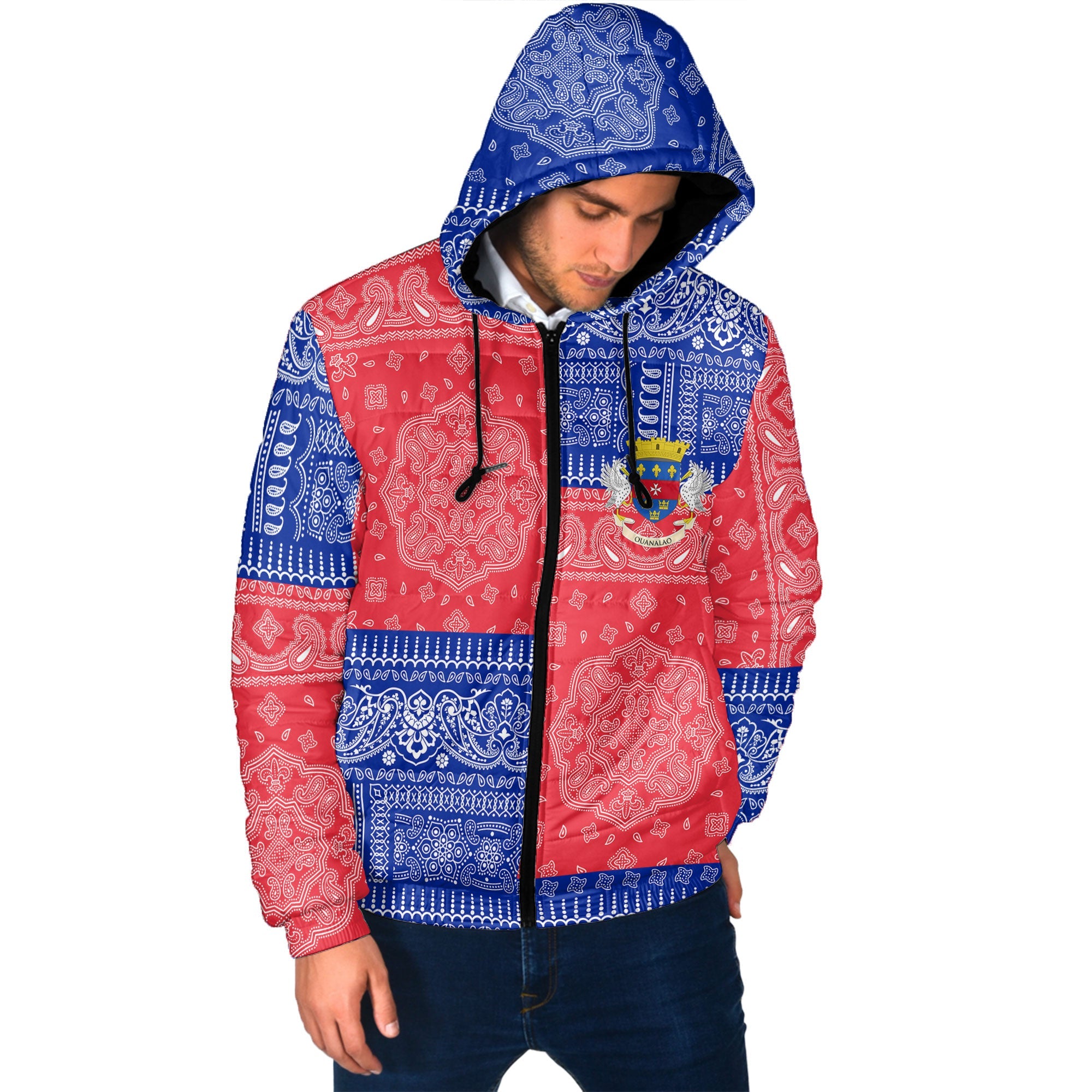 Saint Barthelemy Men Hooded Padded Jacket Flag And Paisley Basic Style 2