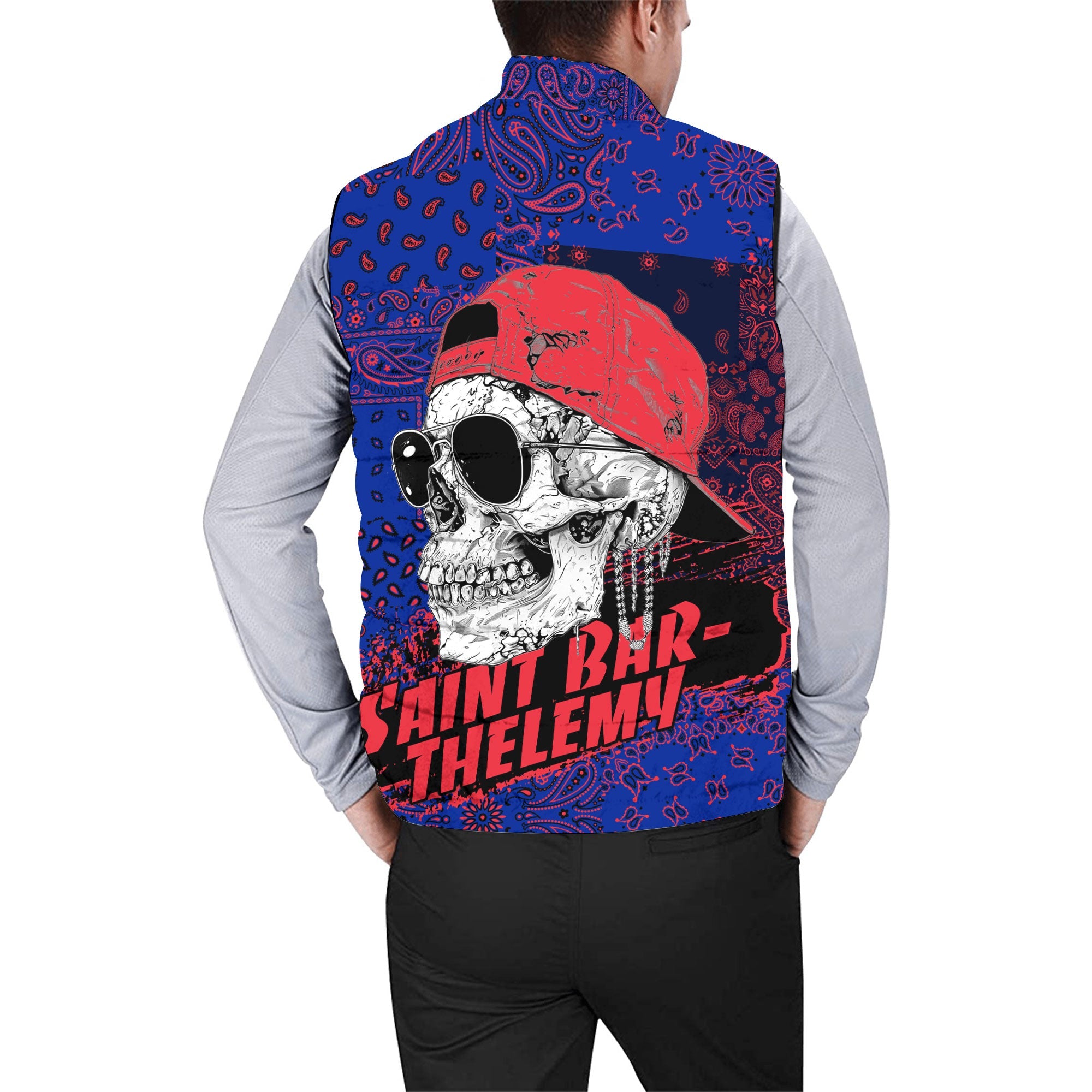 Saint Barthelemy Men Padded Jacket Vest Paisley Flag And Skull Style 2