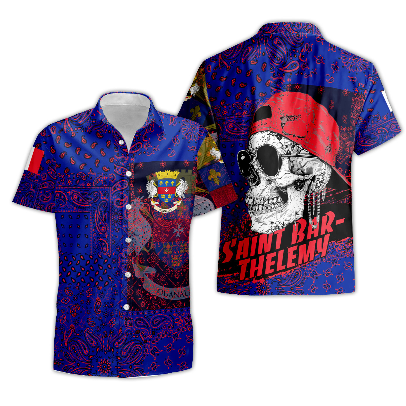 Saint Barthelemy Short Sleeve Shirt Paisley Flag And Skull Style 3