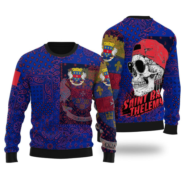 Saint Barthelemy Ugly Sweater Paisley Flag And Skull Style 1