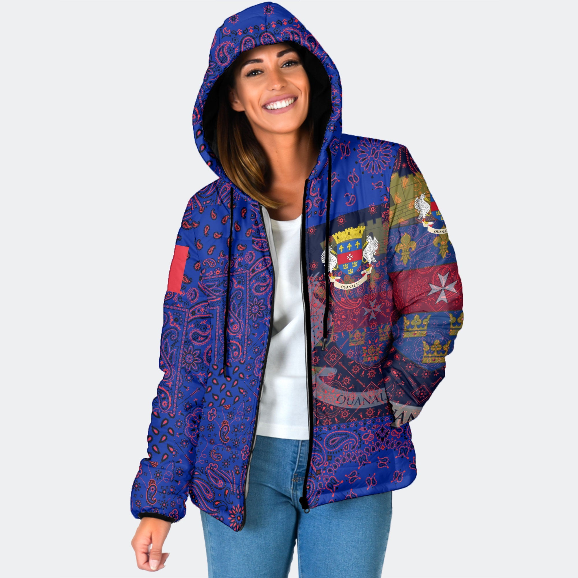 Saint Barthelemy Women Hooded Padded Jacket Paisley Flag And Skull Style 1