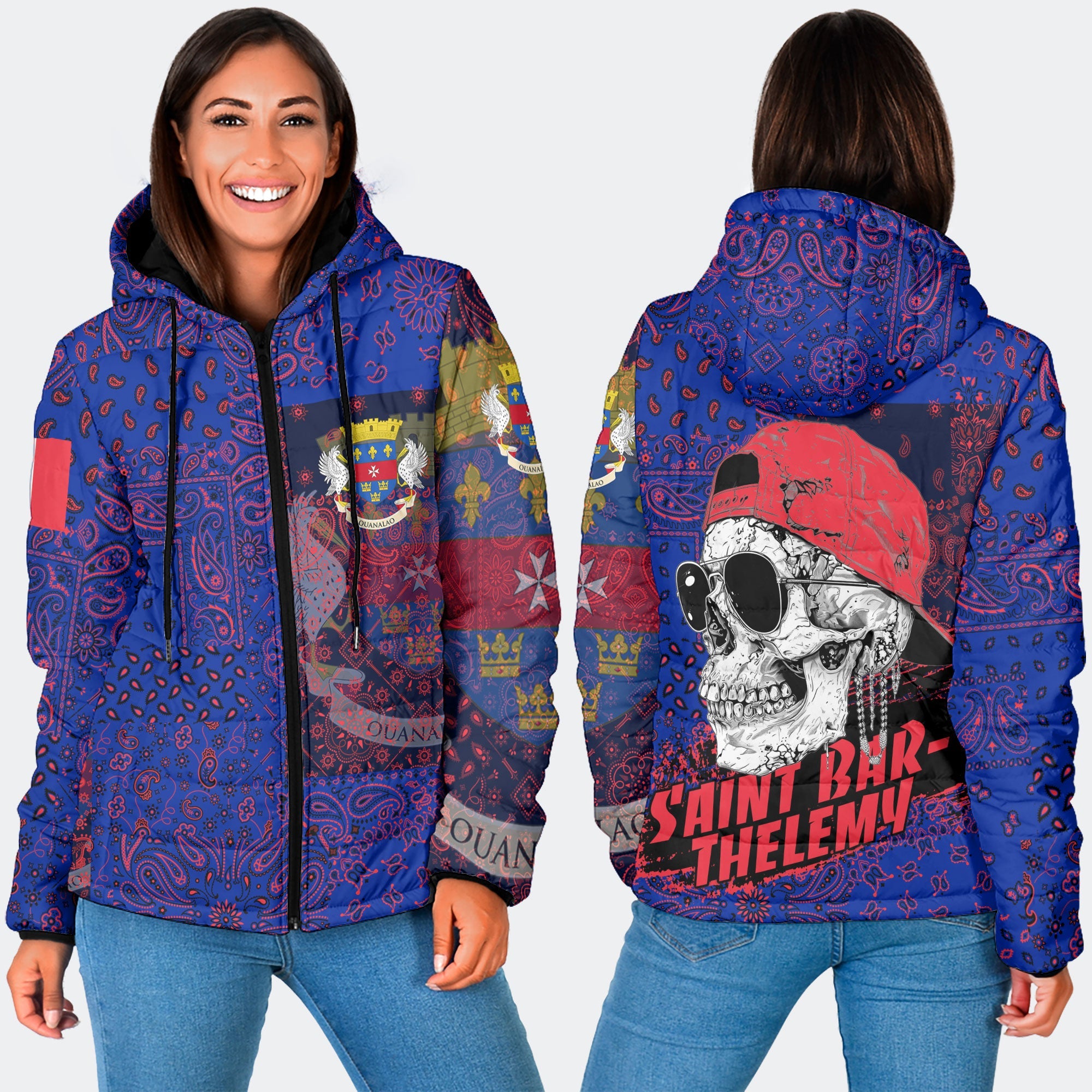 Saint Barthelemy Women Hooded Padded Jacket Paisley Flag And Skull Style 3