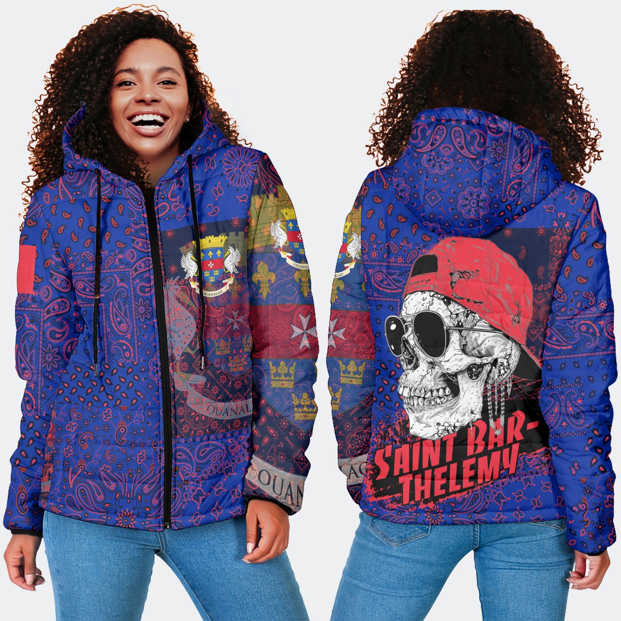 Saint Barthelemy Women Hooded Padded Jacket Paisley Flag And Skull Style 4