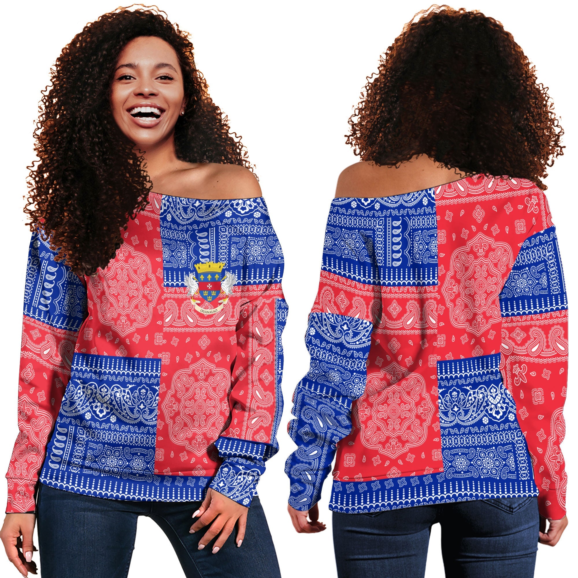 Saint Barthelemy Women Off Shoulder Sweatshirt Flag And Paisley Basic Style 1