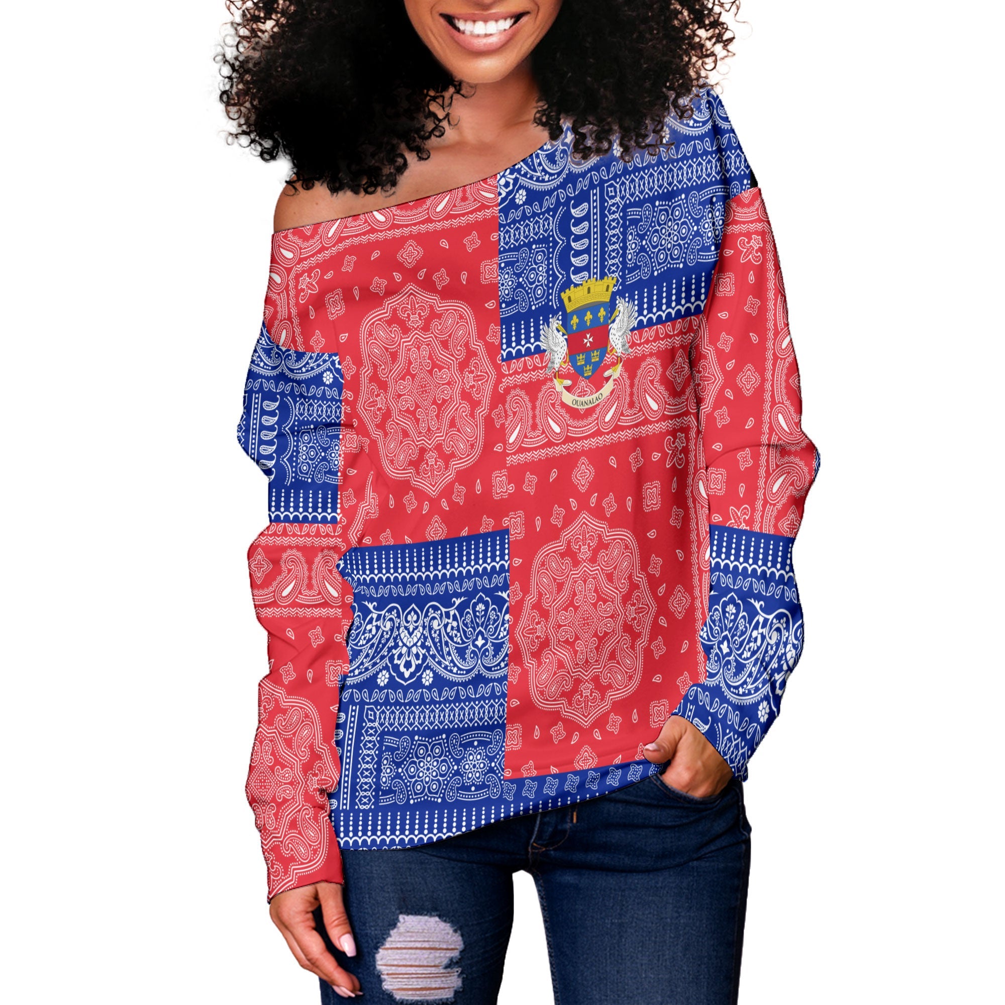 Saint Barthelemy Women Off Shoulder Sweatshirt Flag And Paisley Basic Style 2