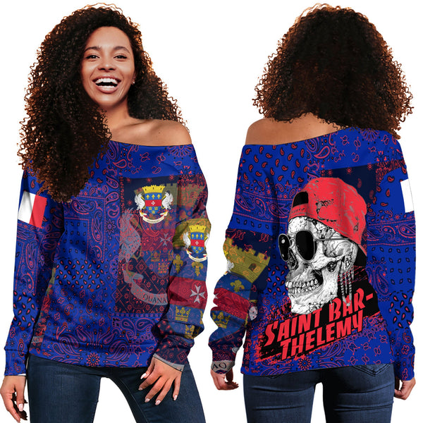 Saint Barthelemy Women Off Shoulder Sweatshirt Paisley Flag And Skull Style 1