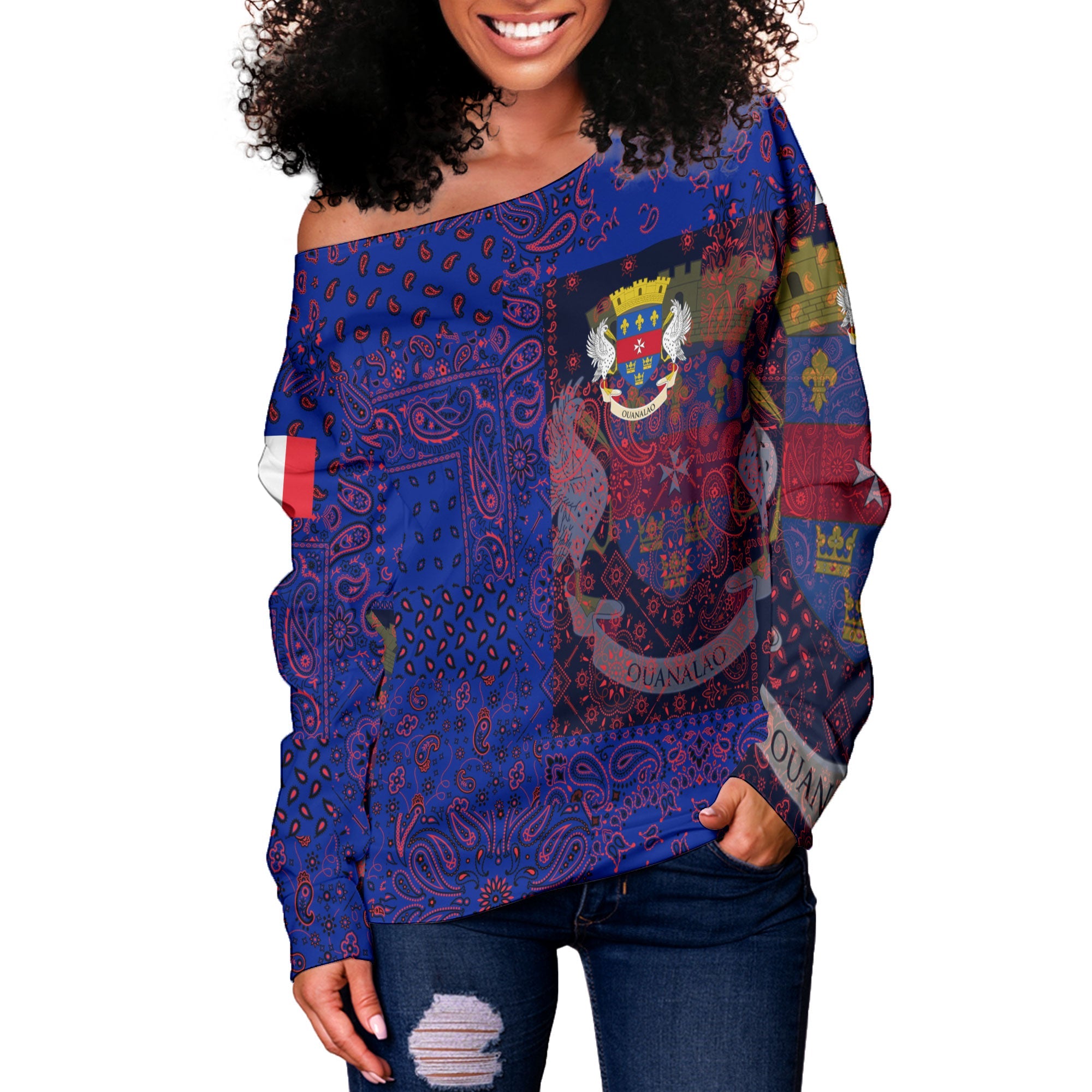 Saint Barthelemy Women Off Shoulder Sweatshirt Paisley Flag And Skull Style 2