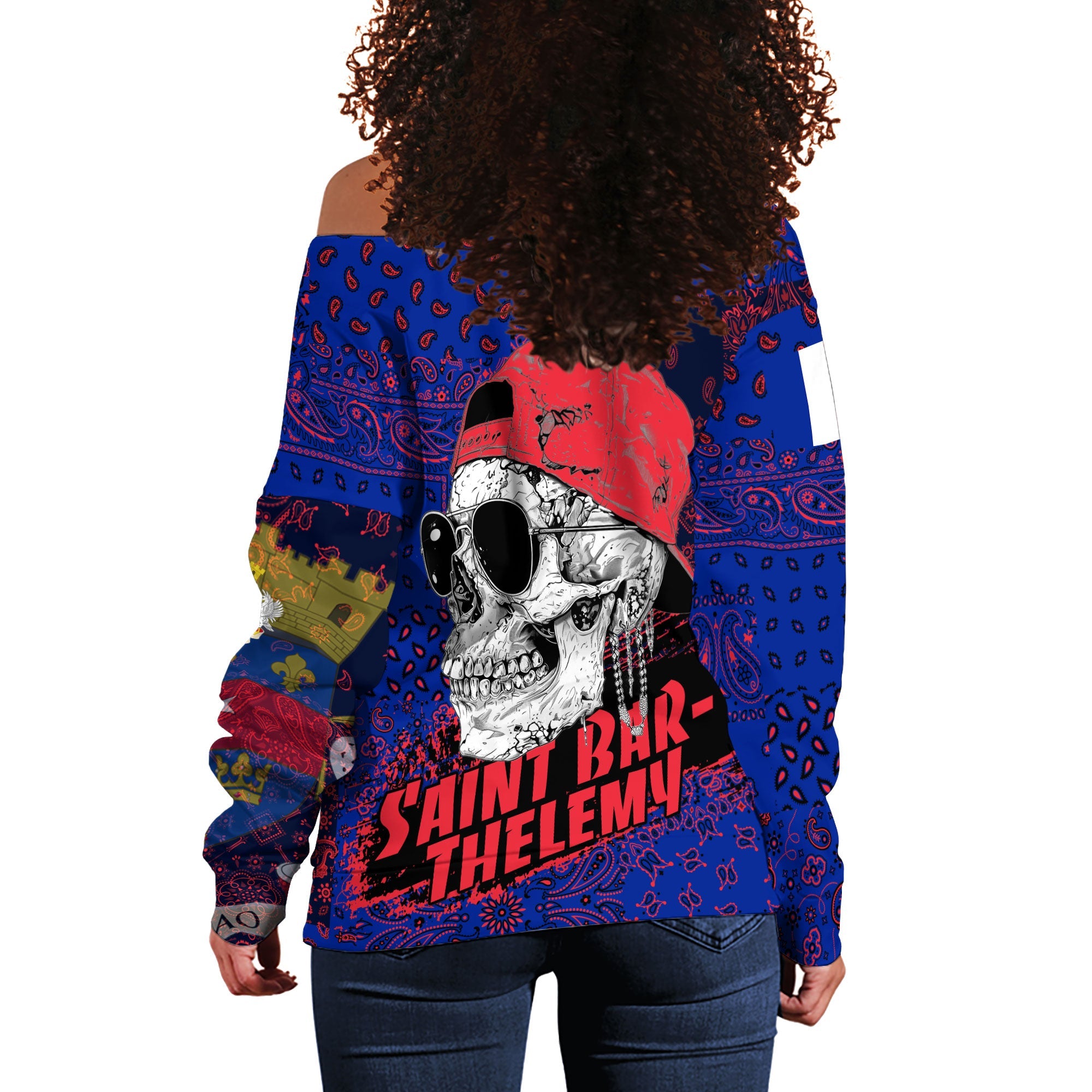 Saint Barthelemy Women Off Shoulder Sweatshirt Paisley Flag And Skull Style 3