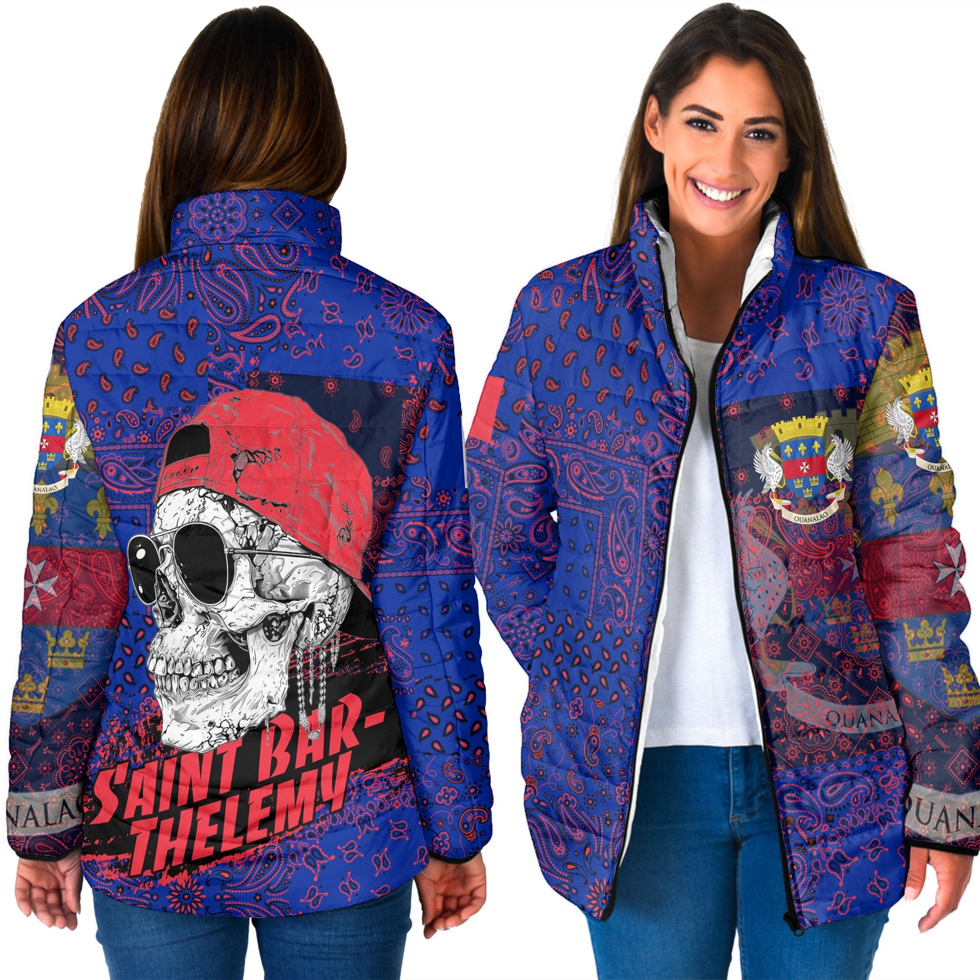 Saint Barthelemy Women Padded Jacket Paisley Flag And Skull Style 3