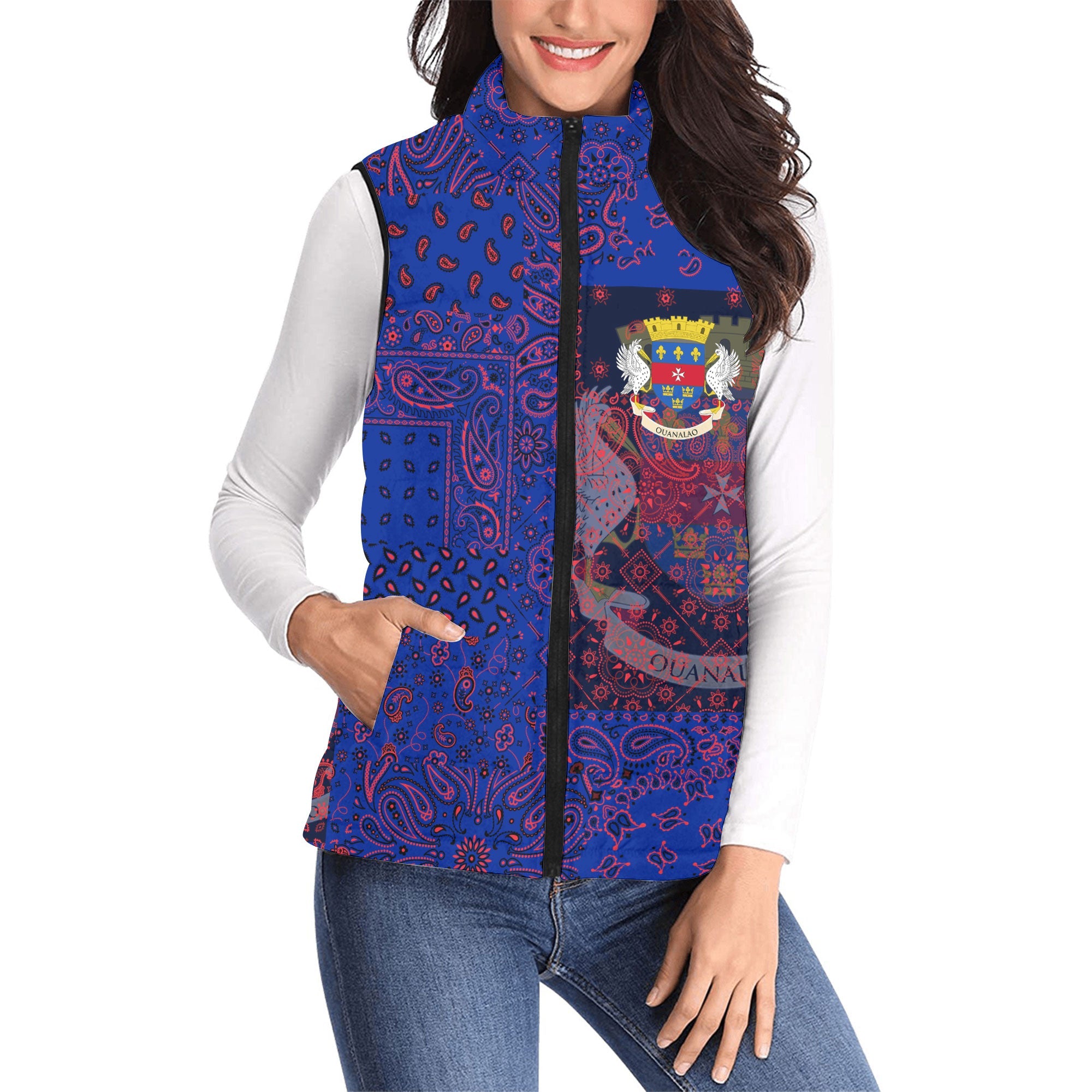 Saint Barthelemy Women Padded Jacket Vest Paisley Flag And Skull Style 1