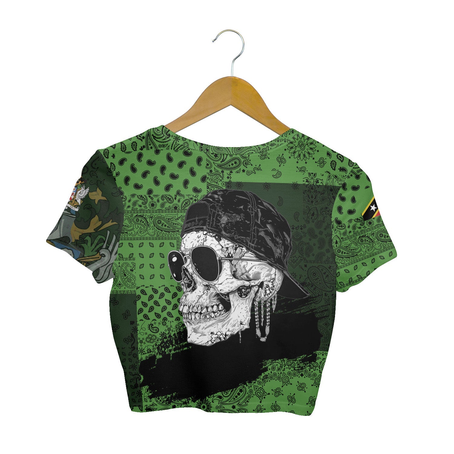 Saint Kitts And Nevis Croptop T Shirt Paisley Flag And Skull Style 2