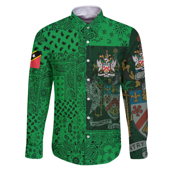 Saint Kitts And Nevis Long Sleeve Button Shirt Paisley Flag And Skull Style 1