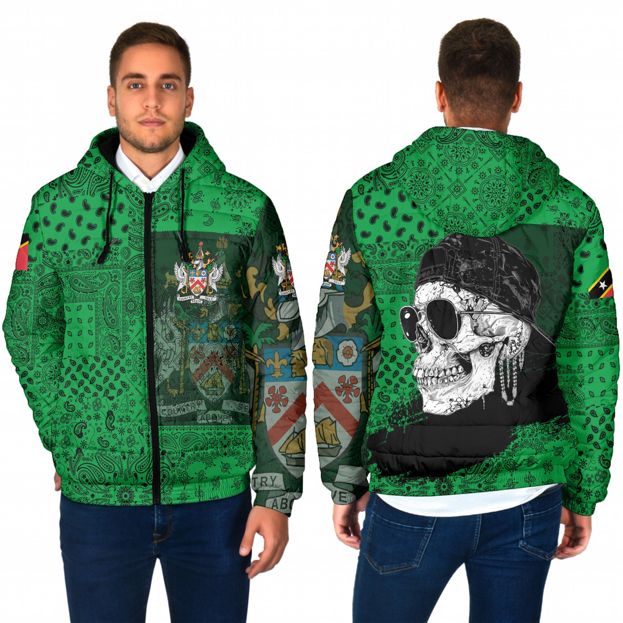 Saint Kitts And Nevis Men Hooded Padded Jacket Paisley Flag And Skull Style 1