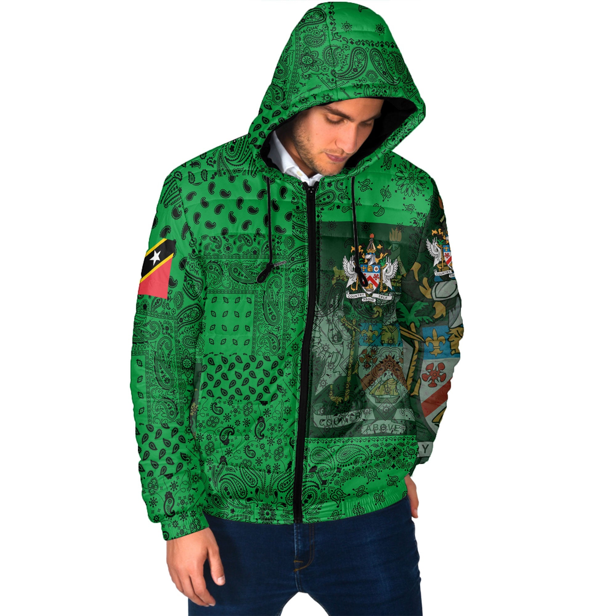 Saint Kitts And Nevis Men Hooded Padded Jacket Paisley Flag And Skull Style 2