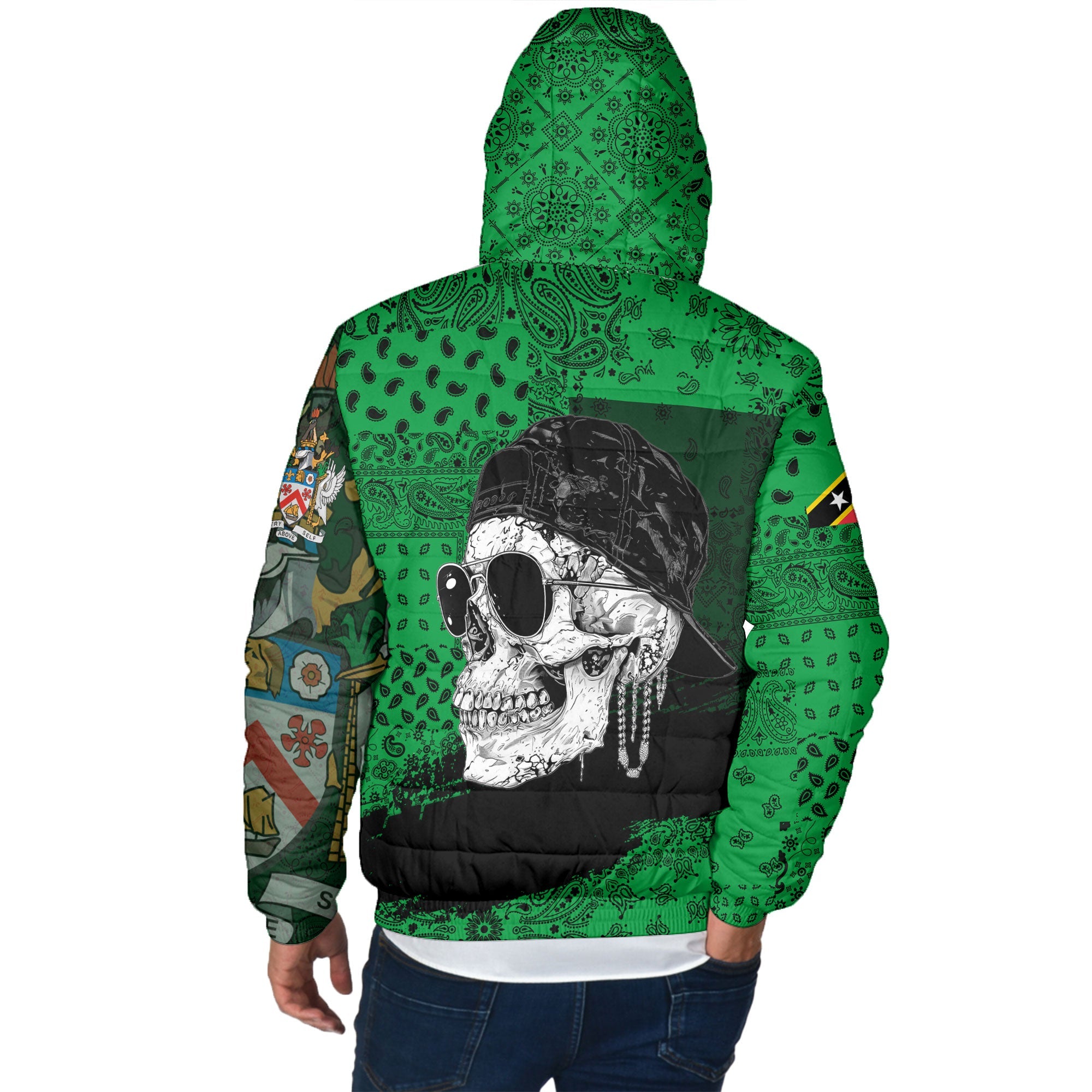 Saint Kitts And Nevis Men Hooded Padded Jacket Paisley Flag And Skull Style 3