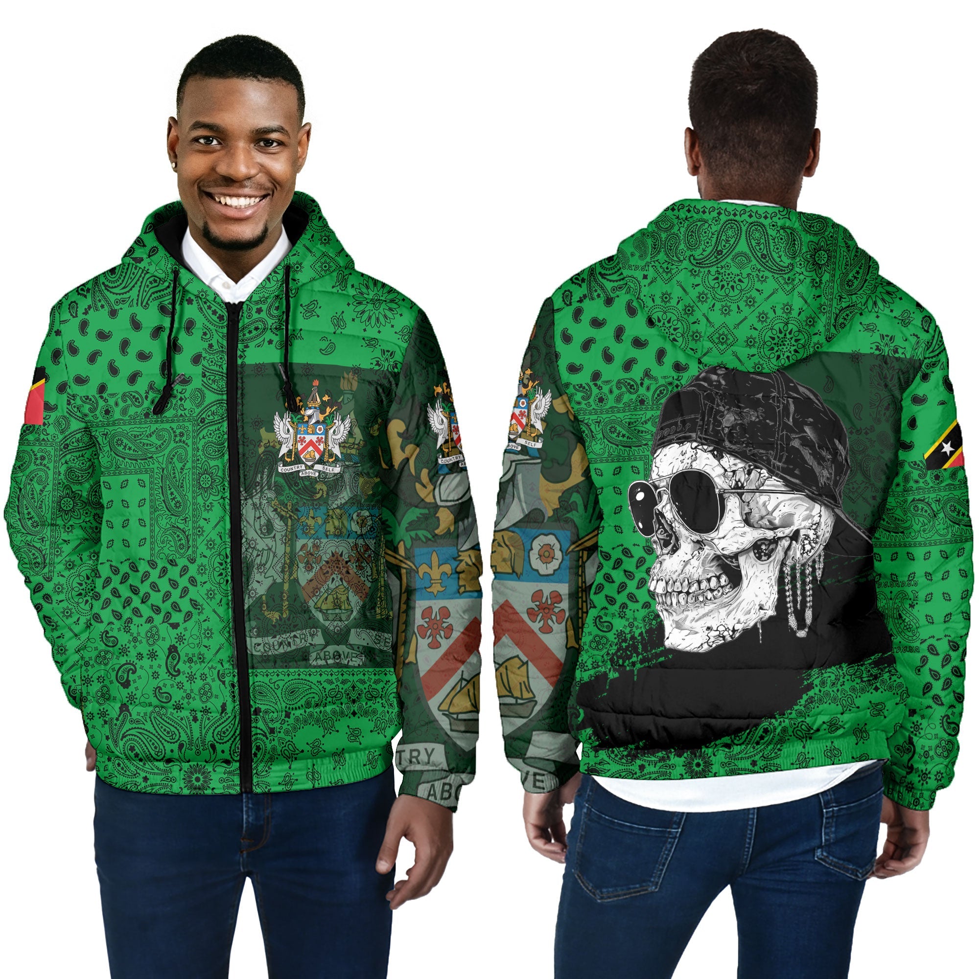 Saint Kitts And Nevis Men Hooded Padded Jacket Paisley Flag And Skull Style 4