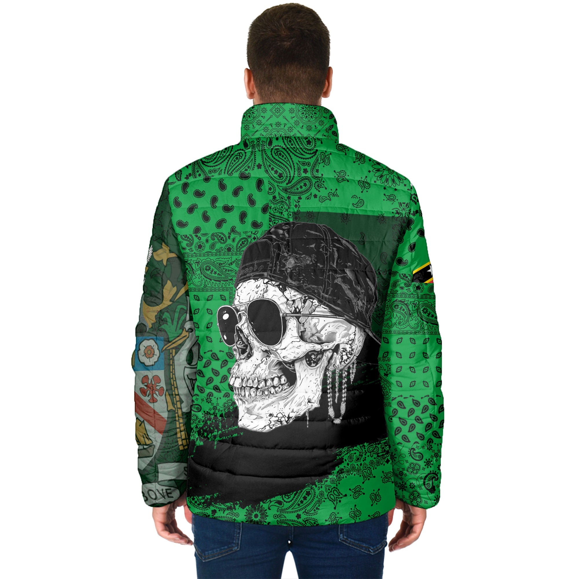 Saint Kitts And Nevis Men Padded Jacket Paisley Flag And Skull Style 2